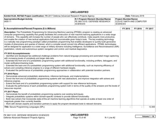 UNCLASSIFIED
PE 0601101E: DEFENSE RESEARCH SCIENCES UNCLASSIFIED
Defense Advanced Research Projects Agency Page 15 of 48 R-1 Line #2
Exhibit R-2A, RDT&E Project Justification: PB 2017 Defense Advanced Research Projects Agency Date: February 2016
Appropriation/Budget Activity
0400 / 1
R-1 Program Element (Number/Name)
PE 0601101E / DEFENSE RESEARCH
SCIENCES
Project (Number/Name)
CCS-02 / MATH AND COMPUTER
SCIENCES
B. Accomplishments/Planned Programs ($ in Millions) FY 2015 FY 2016 FY 2017
Description: The Probabilistic Programming for Advancing Machine Learning (PPAML) program is creating an advanced
computer programming capability that greatly facilitates the construction of new machine learning applications in a wide range
of domains. This capability will increase the number of people who can effectively contribute, make experts more productive,
and enable the creation of new tactical applications that are inconceivable given today's tools. The key enabling technology
is a radically new programming paradigm called probabilistic programming that enables developers to quickly build generative
models of phenomena and queries of interest, which a compiler would convert into efficient applications. PPAML technologies
will be designed for application to a wide range of military domains including Intelligence, Surveillance and Reconnaissance (ISR)
exploitation, robotic and autonomous system navigation and control, and medical diagnostics.
FY 2015 Accomplishments:
- Identified and developed two additional challenge problems from natural language processing and automated image captioning
with increasing levels of complexity and larger data sets.
- Extended the front end of a probabilistic programming system with additional functionality, including profilers, debuggers, and
model verification/checking tools.
- Extended the back end of a probabilistic programming system with additional functionality, such as improving efficiency of
solvers and compiling inference engines to a range of different hardware targets.
- Evaluated the performance of probabilistic programming approaches in collaboration with potential transition partners.
FY 2016 Plans:
- Demonstrate advanced probabilistic abstractions, inference techniques, and implementations.
- Enrich the front end of probabilistic programming systems with new abstractions, and improve integration with solvers and
inference engines.
- Extend the back end of a probabilistic programming system with support for new inference techniques.
- Evaluate the performance of each probabilistic programming system both in terms of the quality of the answers and the levels of
resources required.
FY 2017 Plans:
- Demonstrate the benefit of probabilistic programming systems over existing techniques.
- Integrate probabilistic systems within domain-specific contexts to provide tailored functionality.
- Build new solvers that incorporate state-of-the-art machine learning algorithms that operate at scales at least one order of
magnitude greater than currently feasible.
- Work with domain experts and transition partners to apply the program-developed tools to relevant domains.
Title: Secure Programming Languages (SPL) -   -   12.000
Volume 1 - 15
 