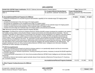 UNCLASSIFIED
PE 0603767E: SENSOR TECHNOLOGY UNCLASSIFIED
Defense Advanced Research Projects Agency Page 19 of 36 R-1 Line #58
Exhibit R-2A, RDT&E Project Justification: PB 2017 Defense Advanced Research Projects Agency Date: February 2016
Appropriation/Budget Activity
0400 / 3
R-1 Program Element (Number/Name)
PE 0603767E / SENSOR TECHNOLOGY
Project (Number/Name)
SEN-02 / SENSORS AND PROCESSING
SYSTEMS
B. Accomplishments/Planned Programs ($ in Millions) FY 2015 FY 2016 FY 2017
- Initiated the development of a mountain-to-ground demonstration capability for the moderate-range 3-D imaging system.
FY 2016 Plans:
- Complete the development of the short-range 3-D imaging system.
- Demonstrate the capabilities of the completed short-range 3-D imaging system
- Complete the development of the mountain-to-ground demonstration capability for the moderate-range 3-D imaging system.
- Conduct mountain-to-ground demonstrations of the moderate-range 3-D imaging system.
- Transition the short-range and moderate-range 3-D imaging system to the Services and SOCOM.
Title: Behavioral Learning for Adaptive Electronic Warfare (BLADE)
Description: The Behavioral Learning for Adaptive Electronic Warfare (BLADE) program developed the capability to jam adaptive
and rapidly evolving wireless communication threats in tactical environments and at tactically-relevant timescales. This has
changed the paradigm for responding to evolving threats from lab-based manual development to an adaptive in-the-field systems
approach. When an unknown or adaptive communication threat appears in theater, BLADE dynamically characterized the
communication network, synthesized an effective countering technique, and evaluated jamming effectiveness by iteratively
probing, learning, and adapting to the threat. An optimization process tailored real-time responses to specific threats, producing a
countermeasure waveform that maximizes jam effectiveness while minimizing the required jamming resources. BLADE enabled
the rapid defeat of new communication threats and provided the warfighter with real-time feedback on jam effectiveness. The
program transitioned to the U.S. Army Communications-Electronic RDT&E Center, Intelligence and Information Warfighter
Directorate for further maturation and hardening.
FY 2015 Accomplishments:
- Tested and evaluated ground-based and airborne prototype systems in an operationally relevant over-the-air environment
featuring agile and commercial communications threat networks.
- Quantified the minimum hardware requirements, including processing and memory, necessary to execute the BLADE algorithms
on transition platforms.
- Transitioned BLADE components to U.S. Army Communications-Electronic RDT&E Center Intelligence and Information Warfare
Directorate.
- Executed an Airborne demonstration against tactically relevant threat networks at Electronics Proving Ground, Ft. Huachuca,
AZ, to transition partners.
5.500 -   -  
Accomplishments/Planned Programs Subtotals 115.315 116.396 145.732
C. Other Program Funding Summary ($ in Millions)
N/A
Volume 1 - 315
 