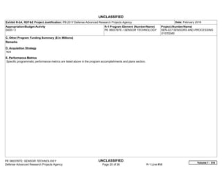 UNCLASSIFIED
PE 0603767E: SENSOR TECHNOLOGY UNCLASSIFIED
Defense Advanced Research Projects Agency Page 20 of 36 R-1 Line #58
Exhibit R-2A, RDT&E Project Justification: PB 2017 Defense Advanced Research Projects Agency Date: February 2016
Appropriation/Budget Activity
0400 / 3
R-1 Program Element (Number/Name)
PE 0603767E / SENSOR TECHNOLOGY
Project (Number/Name)
SEN-02 / SENSORS AND PROCESSING
SYSTEMS
C. Other Program Funding Summary ($ in Millions)
Remarks
D. Acquisition Strategy
N/A
E. Performance Metrics
Specific programmatic performance metrics are listed above in the program accomplishments and plans section.
Volume 1 - 316
 