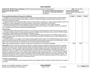 UNCLASSIFIED
PE 0601101E: DEFENSE RESEARCH SCIENCES UNCLASSIFIED
Defense Advanced Research Projects Agency Page 17 of 48 R-1 Line #2
Exhibit R-2A, RDT&E Project Justification: PB 2017 Defense Advanced Research Projects Agency Date: February 2016
Appropriation/Budget Activity
0400 / 1
R-1 Program Element (Number/Name)
PE 0601101E / DEFENSE RESEARCH
SCIENCES
Project (Number/Name)
CCS-02 / MATH AND COMPUTER
SCIENCES
B. Accomplishments/Planned Programs ($ in Millions) FY 2015 FY 2016 FY 2017
- Completed an image processing pipeline system for performing object identification and tracking utilizing a newly developed
probabilistic pattern match (inference) methodology, running on conventional digital processing hardware showing no loss in
accuracy over standard methods.
- Completed design of the mixed-signal CMOS chip(s) for doing inference computing in an image processing pipeline system and
validated by an object identification and tracking simulation using real-time, high-definition video streams.
- Fabricated mixed-signal CMOS chip(s) designed to perform inference computation for use in image processing.
- Demonstrated the operation of (non-CMOS) emerging devices performing an inference computation, which can be scaled for
use in portable, power constrained image processing applications.
FY 2016 Plans:
- Build and complete mixed-signal CMOS test bed for running image processing applications performing object ID and tracking.
- Complete the digital version of image processing pipeline and validate power, performance and accuracy of UPSIDE inference
methodology for object identification and tracking in surveillance video.
- Complete final full test bed system demonstration of mixed signal CMOS chip(s) fabricated in the UPSIDE program showing
significant power savings and performance increase (100,000x better combined) over digital version for object identification and
tracking applications.
- Complete evaluation of a simulation of the image processing pipeline system based on (non-CMOS) emerging devices, for the
primary computing, projecting 1000x performance improvement while reducing power consumption of the processing by 10,000x
with no loss in tracking accuracy as compared to the conventional image processing pipeline.
Title: Graph-theoretical Research in Algorithm Performance & Hardware for Social networks (GRAPHS)
Description: While the DoD has been extremely effective in deploying rigorous analytical and predictive methods for problems
involving continuously valued variables (tracking, signals processing), analytical methods for discrete data such as graphs and
networks have not kept pace. Recent evidence has shown that network analysis can provide critical insight when used in DoD-
relevant scenarios. In this paradigm, nodes represent items of interest and their relationships or interactions are edges; the
result forms a network or graph. Current analysis of large networks, however, is just in its infancy: the composition of real-world
networks is understood only at the most coarse and basic details (diameter, degree distribution). In order to implement network
techniques efficiently and usefully, a better understanding of the finer mathematical structure of these networks is needed. This
includes the development of a comprehensive and minimal mathematical set that characterizes networks of DoD interest and a
description of how these quantities vary in both space and time.
FY 2015 Accomplishments:
- Created a suite of systematic network analysis tools that can be applied to static and dynamic network structures and complex
use cases.
4.902 2.900 -  
Volume 1 - 17
 