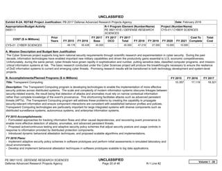 UNCLASSIFIED
PE 0601101E: DEFENSE RESEARCH SCIENCES UNCLASSIFIED
Defense Advanced Research Projects Agency Page 20 of 48 R-1 Line #2
Exhibit R-2A, RDT&E Project Justification: PB 2017 Defense Advanced Research Projects Agency Date: February 2016
Appropriation/Budget Activity
0400 / 1
R-1 Program Element (Number/Name)
PE 0601101E / DEFENSE RESEARCH
SCIENCES
Project (Number/Name)
CYS-01 / CYBER SCIENCES
COST ($ in Millions)
Prior
Years FY 2015 FY 2016
FY 2017
Base
FY 2017
OCO
FY 2017
Total FY 2018 FY 2019 FY 2020 FY 2021
Cost To
Complete
Total
Cost
CYS-01: CYBER SCIENCES -   48.178 50.428 45.000 -   45.000 47.219 27.000 10.000 10.000   -      -   
A. Mission Description and Budget Item Justification
The Cyber Sciences project supports long term national security requirements through scientific research and experimentation in cyber security. During the past
decade, information technologies have enabled important new military capabilities and driven the productivity gains essential to U.S. economic competitiveness.
Unfortunately, during the same period, cyber threats have grown rapidly in sophistication and number, putting sensitive data, classified computer programs, and mission-
critical information systems at risk. The basic research conducted under the Cyber Sciences project will produce the breakthroughs necessary to ensure the resilience
of DoD information systems to current and emerging cyber threats. Promising research results will be transitioned to both technology development and system-level
projects.
B. Accomplishments/Planned Programs ($ in Millions) FY 2015 FY 2016 FY 2017
Title: Transparent Computing
Description: The Transparent Computing program is developing technologies to enable the implementation of more effective
security policies across distributed systems. The scale and complexity of modern information systems obscures linkages between
security-related events, the result being that detection of attacks and anomalies must rely on narrow contextual information
rather than complete knowledge of the event's provenance. This shortcoming facilitates attacks such as advanced persistent
threats (APTs). The Transparent Computing program will address these problems by creating the capability to propagate
security-relevant information and ensure component interactions are consistent with established behavior profiles and policies.
Transparent Computing technologies are particularly important for large integrated systems with diverse components such as
distributed surveillance systems, autonomous systems, and enterprise information systems.
FY 2015 Accomplishments:
- Formulated approaches for tracking information flows and other causal dependencies, and recovering event provenance to
enable more effective detection of attacks, anomalies, and advanced persistent threats.
- Proposed active/continuous testing and adaptive security policy schemes that adjust security posture and usage controls in
response to information provided by distributed protection components.
- Introduced dynamic behavioral attestation techniques, and proposed scalable algorithms and implementations.
FY 2016 Plans:
- Implement adaptive security policy schemes in software prototypes and perform initial assessments in simulated laboratory and
cloud environments.
- Develop and implement behavioral attestation techniques in software prototypes scalable to big data applications.
10.357 17.119 18.321
Volume 1 - 20
 