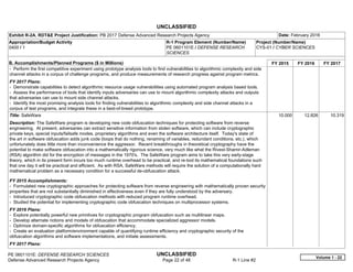 UNCLASSIFIED
PE 0601101E: DEFENSE RESEARCH SCIENCES UNCLASSIFIED
Defense Advanced Research Projects Agency Page 22 of 48 R-1 Line #2
Exhibit R-2A, RDT&E Project Justification: PB 2017 Defense Advanced Research Projects Agency Date: February 2016
Appropriation/Budget Activity
0400 / 1
R-1 Program Element (Number/Name)
PE 0601101E / DEFENSE RESEARCH
SCIENCES
Project (Number/Name)
CYS-01 / CYBER SCIENCES
B. Accomplishments/Planned Programs ($ in Millions) FY 2015 FY 2016 FY 2017
- Perform the first competitive experiment using prototype analysis tools to find vulnerabilities to algorithmic complexity and side
channel attacks in a corpus of challenge programs, and produce measurements of research progress against program metrics.
FY 2017 Plans:
- Demonstrate capabilities to detect algorithmic resource usage vulnerabilities using automated program analysis based tools.
- Assess the performance of tools that identify inputs adversaries can use to mount algorithmic complexity attacks and outputs
that adversaries can use to mount side channel attacks.
- Identify the most promising analysis tools for finding vulnerabilities to algorithmic complexity and side channel attacks in a
corpus of test programs, and integrate these in a best-of-breed prototype.
Title: SafeWare
Description: The SafeWare program is developing new code obfuscation techniques for protecting software from reverse
engineering. At present, adversaries can extract sensitive information from stolen software, which can include cryptographic
private keys, special inputs/failsafe modes, proprietary algorithms and even the software architecture itself. Today's state of
the art in software obfuscation adds junk code (loops that do nothing, renaming of variables, redundant conditions, etc.), which
unfortunately does little more than inconvenience the aggressor. Recent breakthroughs in theoretical cryptography have the
potential to make software obfuscation into a mathematically rigorous science, very much like what the Rivest-Shamir-Adleman
(RSA) algorithm did for the encryption of messages in the 1970's. The SafeWare program aims to take this very early-stage
theory, which in its present form incurs too much runtime overhead to be practical, and re-tool its mathematical foundations such
that one day it will be practical and efficient. As with RSA, SafeWare methods will require the solution of a computationally hard
mathematical problem as a necessary condition for a successful de-obfuscation attack.
FY 2015 Accomplishments:
- Formulated new cryptographic approaches for protecting software from reverse engineering with mathematically proven security
properties that are not substantially diminished in effectiveness even if they are fully understood by the adversary.
- Introduced cryptographic code obfuscation methods with reduced program runtime overhead.
- Studied the potential for implementing cryptographic code obfuscation techniques on multiprocessor systems.
FY 2016 Plans:
- Explore potentially powerful new primitives for cryptographic program obfuscation such as multilinear maps.
- Develop alternate notions and models of obfuscation that accommodate specialized aggressor models.
- Optimize domain-specific algorithms for obfuscation efficiency.
- Create an evaluation platform/environment capable of quantifying runtime efficiency and cryptographic security of the
obfuscation algorithms and software implementations, and initiate assessments.
FY 2017 Plans:
10.000 12.826 10.319
Volume 1 - 22
 
