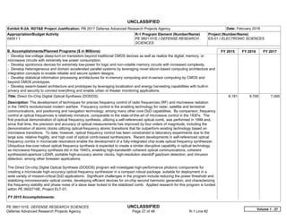 UNCLASSIFIED
PE 0601101E: DEFENSE RESEARCH SCIENCES UNCLASSIFIED
Defense Advanced Research Projects Agency Page 27 of 48 R-1 Line #2
Exhibit R-2A, RDT&E Project Justification: PB 2017 Defense Advanced Research Projects Agency Date: February 2016
Appropriation/Budget Activity
0400 / 1
R-1 Program Element (Number/Name)
PE 0601101E / DEFENSE RESEARCH
SCIENCES
Project (Number/Name)
ES-01 / ELECTRONIC SCIENCES
B. Accomplishments/Planned Programs ($ in Millions) FY 2015 FY 2016 FY 2017
- Develop low-voltage steep-turn-on transistors beyond traditional CMOS devices as well as realize the digital, memory, or
microwave circuits with extremely low power consumption.
- Develop spintronics devices for extremely low-power for logic and non-volatile memory circuits with increased complexity.
- Develop heterogeneous and domain accelerated parallel systems by leveraging novel silicon-based computing architecture and
integration concepts to enable reliable and secure system designs.
- Develop statistical information processing architectures for in-memory computing and in-sensor computing by CMOS and
beyond CMOS prototypes.
- Develop swarm-based architecture and prototypes by leveraging localization and energy harvesting capabilities with built-in
privacy and security to connect everything and enable urban or theater monitoring applications.
Title: Direct On-Chip Digital Optical Synthesis (DODOS)
Description: The development of techniques for precise frequency control of radio frequencies (RF) and microwave radiation
in the 1940's revolutionized modern warfare. Frequency control is the enabling technology for radar, satellite and terrestrial
communications, and positioning and navigation technology, among many other core DoD capabilities. By comparison, frequency
control at optical frequencies is relatively immature, comparable to the state-of-the-art of microwave control in the 1930's. The
first practical demonstration of optical frequency synthesis, utilizing a self-referenced optical comb, was performed in 1999 and,
since that time, the precision and accuracy of optical measurements has improved by four orders of magnitude, including the
demonstration of atomic clocks utilizing optical-frequency atomic transitions that far outperform existing technology based on
microwave transitions. To date, however, optical frequency control has been constrained to laboratory experiments due to the
large size, relative fragility, and high cost of optical comb-based synthesizers. Recent developments in self-referenced optical
frequency combs in microscale resonators enable the development of a fully-integrated chip-scale optical frequency synthesizer.
Ubiquitous low-cost robust optical frequency synthesis is expected to create a similar disruptive capability in optical technology
as microwave frequency synthesis did in the 1940's, enabling high-bandwidth coherent optical communications, coherent
synthesized-aperture LiDAR, portable high-accuracy atomic clocks, high-resolution standoff gas/toxin detection, and intrusion
detection, among other foreseen applications.
The Direct On-chip Digital Optical Synthesis (DODOS) program will investigate high-performance photonic components for
creating a microscale high-accuracy optical frequency synthesizer in a compact robust package, suitable for deployment in a
wide variety of mission-critical DoD applications. Significant challenges in the program include reducing the power threshold and
stabilizing microresonator optical combs, developing efficient devices for on-chip second harmonic generation, and characterizing
the frequency stability and phase noise of a slave laser locked to the stabilized comb. Applied research for this program is funded
within PE 0602716E, Project ELT-01.
FY 2015 Accomplishments:
8.181 9.700 7.000
Volume 1 - 27
 