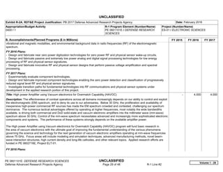 UNCLASSIFIED
PE 0601101E: DEFENSE RESEARCH SCIENCES UNCLASSIFIED
Defense Advanced Research Projects Agency Page 29 of 48 R-1 Line #2
Exhibit R-2A, RDT&E Project Justification: PB 2017 Defense Advanced Research Projects Agency Date: February 2016
Appropriation/Budget Activity
0400 / 1
R-1 Program Element (Number/Name)
PE 0601101E / DEFENSE RESEARCH
SCIENCES
Project (Number/Name)
ES-01 / ELECTRONIC SCIENCES
B. Accomplishments/Planned Programs ($ in Millions) FY 2015 FY 2016 FY 2017
vibrational and magnetic modalities, and environmental background data in radio frequencies (RF) of the electromagnetic
spectrum.
FY 2016 Plans:
- Design and fabricate near zero power digitization technologies for zero power RF and physical sensor wake-up circuits.
- Design and fabricate passive and extremely low power analog and digital signal processing technologies for low energy
processing of RF and physical sensor signatures.
- Design and fabricate innovative RF and physical sensor designs that perform passive voltage amplification and spectral
processing.
FY 2017 Plans:
- Experimentally evaluate component technologies.
- Design and fabricate improved component technologies enabling the zero power detection and classification of progressively
reduced signal level RF and physical sensor signatures.
- Investigate transition paths for fundamental technologies into RF communications and physical sensor systems under
development in the applied research portion of this project.
Title: High power Amplifier using Vacuum electronics for Overmatch Capability (HAVOC)
Description: The effectiveness of combat operations across all domains increasingly depends on our ability to control and exploit
the electromagnetic (EM) spectrum, and to deny its use to our adversaries. Below 30 GHz, the proliferation and availability of
inexpensive high-power commercial RF sources has made the EM spectrum crowded and contested, challenging our spectrum
dominance. The numerous tactical advantages offered by operating at higher frequencies, most notably the wide bandwidths
available, is driving both commercial and DoD solid-state and vacuum electronic amplifiers into the millimeter wave (mm-wave)
spectrum above 30 GHz. Control of the mm-wave spectrum necessitates advanced and increasingly more sophisticated electronic
components and systems. The performance of these systems strongly depends on the available amplifier power.
The High power Amplifier using Vacuum electronics for Overmatch Capability (HAVOC) program will fund basic research in
the area of vacuum electronics with the ultimate goal of improving the fundamental understanding of the various phenomena
governing the science and technology for the next generation of vacuum electronic amplifiers operating at mm-wave frequencies
above 75 GHz. Focus areas will include modeling and simulation techniques, advanced manufacturing methods, novel beam-
wave interaction structures, high current density and long-life cathodes, and other relevant topics. Applied research efforts are
funded in PE 0602716E, Project ELT-01.
FY 2016 Plans:
-   4.000 4.000
Volume 1 - 29
 