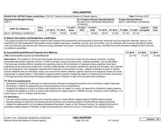 UNCLASSIFIED
PE 0601101E: DEFENSE RESEARCH SCIENCES UNCLASSIFIED
Defense Advanced Research Projects Agency Page 35 of 48 R-1 Line #2
Exhibit R-2A, RDT&E Project Justification: PB 2017 Defense Advanced Research Projects Agency Date: February 2016
Appropriation/Budget Activity
0400 / 1
R-1 Program Element (Number/Name)
PE 0601101E / DEFENSE RESEARCH
SCIENCES
Project (Number/Name)
MS-01 / MATERIALS SCIENCES
COST ($ in Millions)
Prior
Years FY 2015 FY 2016
FY 2017
Base
FY 2017
OCO
FY 2017
Total FY 2018 FY 2019 FY 2020 FY 2021
Cost To
Complete
Total
Cost
MS-01: MATERIALS SCIENCES -   77.942 53.060 65.609 -   65.609 60.387 63.780 85.138 85.138   -      -   
A. Mission Description and Budget Item Justification
This project provides the fundamental research that underpins the development and assembly of advanced nanoscale and bio-molecular materials, devices, and
electronics for DoD applications that greatly enhance soldier awareness, capability, security, and survivability, such as materials with increased strength-to-weight
ratio and ultra-low size, devices with ultra-low energy dissipation and power, novel spectroscopic sources, and electronics with persistent intelligence and improved
surveillance capabilities.
B. Accomplishments/Planned Programs ($ in Millions) FY 2015 FY 2016 FY 2017
Title: Nanoscale/Bio-inspired and MetaMaterials
Description: The research in this thrust area exploits advances in nano/micro-scale and bio-inspired materials, including
computationally based materials science, in order to develop unique microstructures, material properties, and functionalities.
This area also includes efforts to develop the underlying science for the behavior of materials whose properties have been
engineered at the nano/micro-scale level, including metamaterials, bio-inspired materials for sensing and actuation, and materials
that are designed to mimic biological materials from molecular to macroscopic function. Specific examples of areas of interest
include materials that can self-repair, adapt, and respond for soldier protection against chemical and biological threats and novel
approaches to optical based or metamaterial imaging systems capable of detecting objects in cluttered environments and around
or through structural obscurants leveraging multiple degrees of freedom of light and using all photon pathways.
FY 2015 Accomplishments:
- Developed a method for screening non-natural polymer libraries for designed properties such as binding to target molecules.
- Developed a method for sequencing non-natural polymers at low concentrations.
- Analyzed the statistics of direct vs indirect path photons from an object in a scene, as captured by traditional imaging systems.
- Analyzed the statistics of direct vs indirect path photons for imaging objects in different scenes, including inside a building, in an
urban canyon, and in a military tank formation.
FY 2016 Plans:
- Use non-natural polymer synthesis and screening system to create affinity reagents against DARPA-defined targets.
- Develop strategy to adapt the non-natural polymer synthesis and screening system to modify affinity reagent properties.
- Initiate the development of a foundational theoretical framework, based on the Plenoptic function, for exploring the limits of
exploiting multiple degrees of freedom of light and extracting the maximum amount of information from complex scenes.
22.140 17.210 21.300
Volume 1 - 35
 