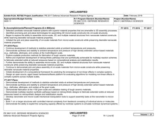 UNCLASSIFIED
PE 0601101E: DEFENSE RESEARCH SCIENCES UNCLASSIFIED
Defense Advanced Research Projects Agency Page 37 of 48 R-1 Line #2
Exhibit R-2A, RDT&E Project Justification: PB 2017 Defense Advanced Research Projects Agency Date: February 2016
Appropriation/Budget Activity
0400 / 1
R-1 Program Element (Number/Name)
PE 0601101E / DEFENSE RESEARCH
SCIENCES
Project (Number/Name)
MS-01 / MATERIALS SCIENCES
B. Accomplishments/Planned Programs ($ in Millions) FY 2015 FY 2016 FY 2017
- Selected candidate nanoscale material systems with superior material properties that are amenable to 3D assembly processes.
- Identified promising pick and place technologies for assembling 3D micron-scale constructs into cm-scale structures.
- Began to explore the ability to assemble micron-scale, 3D, and multiple material structures from nanoscale material constructs
while reserving desirable nanoscale material properties.
- Initiated the pick and place assembly of cm-scale materials from micron-scale constructs while preserving desirable nanoscale
material properties.
FY 2016 Plans:
- Continue development of methods to stabilize extended solids at ambient temperatures and pressures.
- Demonstrate synthesis and stability to ambient temperature and pressure of high density extended carbon-based materials
(e.g., clathrates, allotropes, and oxides) at the multimilligram scale.
- Explore scalable production methods for fabrication of tough ceramic materials.
- Refine and implement development of retrosynthetic pathways that are synthetically achievable for multistep reaction schemes
to fabricate extended solids at reduced pressures based on computational analysis and stabilization results.
- Further demonstrate the ability to assemble micron-scale, 3D, and multiple material structures from nanoscale material
constructs while preserving desirable nanoscale material properties.
- Continue to demonstrate pick and place assembly of cm-scale materials from micron-scale constructs while preserving
desirable nanoscale material properties.
- Initiate development of a computational framework for predicting the emergence of non-linear effects in complex systems.
- Design an open source, agent based hardware/software platform for evaluating algorithms for modeling non-linear effects in
complex systems across multiple scales.
FY 2017 Plans:
- Demonstrate development of methods to stabilize extended solids at ambient temperatures and pressures.
- Demonstrate synthesis and stability to ambient temperature and pressure of high density extended carbon-based materials
(e.g., clathrates, allotropes, and oxides) at the gram scale.
- Demonstrate fabrication at the >100 gram scale and validation testing of tough ceramic materials.
- Demonstrate multistep reaction synthetic pathways based on retrosynthetic designs to fabricate extended solids at reduced
pressures based on retrosynthetic designs and stabilization results.
- Develop nanometer and micron scale mechanical manipulation tools to support assembly tasks at the nanometer to micron
scales.
- Build 1 cm or larger structures with controlled internal complexity from feedstock consisting of individual atoms or molecules.
- Demonstrate the ability to exploit the computing capacity offered by nonlinear systems to simulate nonlinear dynamical systems.
Volume 1 - 37
 