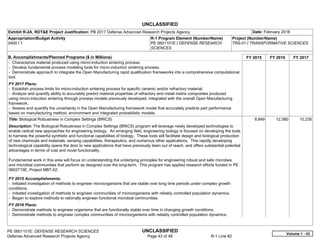UNCLASSIFIED
PE 0601101E: DEFENSE RESEARCH SCIENCES UNCLASSIFIED
Defense Advanced Research Projects Agency Page 43 of 48 R-1 Line #2
Exhibit R-2A, RDT&E Project Justification: PB 2017 Defense Advanced Research Projects Agency Date: February 2016
Appropriation/Budget Activity
0400 / 1
R-1 Program Element (Number/Name)
PE 0601101E / DEFENSE RESEARCH
SCIENCES
Project (Number/Name)
TRS-01 / TRANSFORMATIVE SCIENCES
B. Accomplishments/Planned Programs ($ in Millions) FY 2015 FY 2016 FY 2017
- Characterize material produced using micro-induction sintering process.
- Develop fundamental process modeling tools for micro-induction sintering process.
- Demonstrate approach to integrate the Open Manufacturing rapid qualification frameworks into a comprehensive computational
tool.
FY 2017 Plans:
- Establish process limits for micro-induction sintering process for specific ceramic and/or refractory material.
- Analyze and quantify ability to accurately predict material properties of refractory and metal matrix composites produced
using micro-induction sintering through process models previously developed, integrated with the overall Open Manufacturing
framework.
- Assess and quantify the uncertainty in the Open Manufacturing framework model that accurately predicts part performance
based on manufacturing method, environment and integrated probabilistic models.
Title: Biological Robustness in Complex Settings (BRICS)
Description: The Biological Robustness in Complex Settings (BRICS) program will leverage newly developed technologies to
enable radical new approaches for engineering biology. An emerging field, engineering biology is focused on developing the tools
to harness the powerful synthetic and functional capabilities of biology. These tools will facilitate design and biological production
of new chemicals and materials, sensing capabilities, therapeutics, and numerous other applications. This rapidly developing
technological capability opens the door to new applications that have previously been out of reach, and offers substantial potential
advantages in terms of cost and novel functionality.
Fundamental work in this area will focus on understanding the underlying principles for engineering robust and safe microbes
and microbial communities that perform as designed over the long-term. This program has applied research efforts funded in PE
0602715E, Project MBT-02.
FY 2015 Accomplishments:
- Initiated investigation of methods to engineer microorganisms that are stable over long time periods under complex growth
conditions.
- Initiated investigation of methods to engineer communities of microorganisms with reliably controlled population dynamics.
- Began to explore methods to rationally engineer functional microbial communities.
FY 2016 Plans:
- Demonstrate methods to engineer organisms that are functionally stable over time in changing growth conditions.
- Demonstrate methods to engineer complex communities of microorganisms with reliably controlled population dynamics.
8.849 12.080 10.235
Volume 1 - 43
 