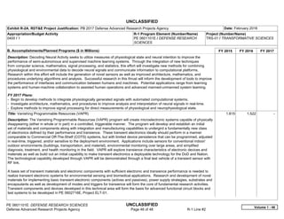 UNCLASSIFIED
PE 0601101E: DEFENSE RESEARCH SCIENCES UNCLASSIFIED
Defense Advanced Research Projects Agency Page 46 of 48 R-1 Line #2
Exhibit R-2A, RDT&E Project Justification: PB 2017 Defense Advanced Research Projects Agency Date: February 2016
Appropriation/Budget Activity
0400 / 1
R-1 Program Element (Number/Name)
PE 0601101E / DEFENSE RESEARCH
SCIENCES
Project (Number/Name)
TRS-01 / TRANSFORMATIVE SCIENCES
B. Accomplishments/Planned Programs ($ in Millions) FY 2015 FY 2016 FY 2017
Description: Decoding Neural Activity seeks to utilize measures of physiological state and neural intention to improve the
performance of semi-autonomous and supervised machine learning systems. Through the integration of new techniques
from computer science, mathematics, signal processing, and statistics, this effort will investigate new methods for combining
physiological and environmental data to decode neural signals and communicate information to computational platforms.
Research within this effort will include the generation of novel sensors as well as improved architecture, mathematics, and
procedures underlying algorithms and analysis. Successful research in this thrust will inform the development of tools to improve
the performance of interfaces and communication between humans and machines. Potential applications range from learning
systems and human-machine collaboration to assisted human operations and advanced manned-unmanned system teaming.
FY 2017 Plans:
- Begin to develop methods to integrate physiologically generated signals with automated computational systems.
- Investigate architecture, mathematics, and procedures to improve analysis and interpretation of neural signals in real-time.
- Explore methods to improve signal processing for direct measurements of physiological and neurophysiological state.
Title: Vanishing Programmable Resources (VAPR)
Description: The Vanishing Programmable Resources (VAPR) program will create microelectronic systems capable of physically
disappearing (either in whole or in part) in a controlled, triggerable manner. The program will develop and establish an initial
set of materials and components along with integration and manufacturing capabilities to undergird a fundamentally new class
of electronics defined by their performance and transience. These transient electronics ideally should perform in a manner
comparable to Commercial Off-The-Shelf (COTS) systems, but with limited device persistence that can be programmed, adjusted
in real-time, triggered, and/or sensitive to the deployment environment. Applications include sensors for conventional indoor/
outdoor environments (buildings, transportation, and materiel), environmental monitoring over large areas, and simplified
diagnosis, treatment, and health monitoring in the field. VAPR will explore transience characteristics of electronic devices and
materials as well as build out an initial capability to make transient electronics a deployable technology for the DoD and Nation.
The technological capability developed through VAPR will be demonstrated through a final test vehicle of a transient sensor with
RF link.
A basis set of transient materials and electronic components with sufficient electronic and transience performance is needed to
realize transient electronic systems for environmental sensing and biomedical applications. Research and development of novel
materials for implementing basic transient electronic components (actives and passives), power supply strategies, substrates and
encapsulants as well as development of modes and triggers for transience will form the core of fundamental research activities.
Transient components and devices developed in this technical area will form the basis for advanced functional circuit blocks and
test systems to be developed in PE 0602716E, Project ELT-01.
1.815 1.522 -  
Volume 1 - 46
 