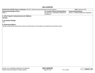 UNCLASSIFIED
PE 0601101E: DEFENSE RESEARCH SCIENCES UNCLASSIFIED
Defense Advanced Research Projects Agency Page 48 of 48 R-1 Line #2
Exhibit R-2A, RDT&E Project Justification: PB 2017 Defense Advanced Research Projects Agency Date: February 2016
Appropriation/Budget Activity
0400 / 1
R-1 Program Element (Number/Name)
PE 0601101E / DEFENSE RESEARCH
SCIENCES
Project (Number/Name)
TRS-01 / TRANSFORMATIVE SCIENCES
C. Other Program Funding Summary ($ in Millions)
Remarks
D. Acquisition Strategy
N/A
E. Performance Metrics
Specific programmatic performance metrics are listed above in the program accomplishments and plans section.
Volume 1 - 48
 