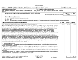 UNCLASSIFIED
PE 0601117E: BASIC OPERATIONAL MEDICAL SCIENCE UNCLASSIFIED
Defense Advanced Research Projects Agency Page 2 of 6 R-1 Line #4
Exhibit R-2, RDT&E Budget Item Justification: PB 2017 Defense Advanced Research Projects Agency Date: February 2016
Appropriation/Budget Activity
0400: Research, Development, Test & Evaluation, Defense-Wide / BA 1: Basic
Research
R-1 Program Element (Number/Name)
PE 0601117E / BASIC OPERATIONAL MEDICAL SCIENCE
Congressional Add Details ($ in Millions, and Includes General Reductions) FY 2015 FY 2016
Congressional Add Totals for all Projects 10.909 -  
Change Summary Explanation
FY 2015: Decrease reflects the SBIR/STTR transfer.
FY 2016: N/A
FY 2017: Decrease reflects completion of several Autonomous Diagnostics to Enable Prevention and Therapeutics (ADEPT) program milestones.
C. Accomplishments/Planned Programs ($ in Millions) FY 2015 FY 2016 FY 2017
Title: Autonomous Diagnostics to Enable Prevention and Therapeutics (ADEPT)
Description: The Autonomous Diagnostics to Enable Prevention and Therapeutics (ADEPT) program will develop the underlying
technologies to rapidly respond to a disease or threat and improve individual readiness and total force health protection by
providing capabilities which are currently available only in centralized laboratories in the U.S. to non-tertiary care and individual
settings. ADEPT will develop and exploit biological tools for the in vivo creation of nucleic acid circuits that continuously
and autonomously sense and respond to changes in physiologic state and for novel methods to target delivery, enhance
immunogenicity, or control activity of vaccines, potentially eliminating the time to manufacture a vaccine ex vivo. ADEPT
advancements to control cellular machinery include research to optimize orthogonality and modularity of genetic control elements;
identify methods to increase sensitivity and specificity; and demonstrate methods to control cellular machinery in response to
changes in physiological status. ADEPT will develop methodologies for measuring health-specific biomarkers from a collected
biospecimen to enable diagnostics at the point-of-need or resource limited clinical facilities (point-of-care), in-garrison or deployed.
Additionally, ADEPT will develop techniques that will enable the rapid establishment of transient immunity through stimulation of
the production of components of the immune system to impart effective but temporary protection. This transient immunity would
bridge the time gap between the delivery of a vaccine and the development of a long term protective immune response. Applied
research efforts are budgeted in PE 0602115E, Project BT-01.
FY 2015 Accomplishments:
- Collected serum from ill, convalescent, or immunized humans and identified two or more antibodies that in combination may
provide disease-specific protection.
- Demonstrated ability to administer nucleic acid encoding multiple antibodies to protect against existing, unmet, clinical targets;
emerging global infectious diseases; and known, engineered biothreats.
- Demonstrated onset of protection within hours after delivery and duration of therapeutic response greater than IV administered
antibodies.
- Demonstrated response and duration of antibody-encoding nucleic acid constructs similar to that conferred by administration of
preformed antibodies against infectious disease in a large animal model.
48.432 33.400 16.566
Volume 1 - 50
 