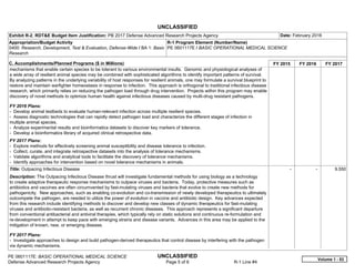 UNCLASSIFIED
PE 0601117E: BASIC OPERATIONAL MEDICAL SCIENCE UNCLASSIFIED
Defense Advanced Research Projects Agency Page 5 of 6 R-1 Line #4
Exhibit R-2, RDT&E Budget Item Justification: PB 2017 Defense Advanced Research Projects Agency Date: February 2016
Appropriation/Budget Activity
0400: Research, Development, Test & Evaluation, Defense-Wide / BA 1: Basic
Research
R-1 Program Element (Number/Name)
PE 0601117E / BASIC OPERATIONAL MEDICAL SCIENCE
C. Accomplishments/Planned Programs ($ in Millions) FY 2015 FY 2016 FY 2017
mechanisms that enable certain species to be tolerant to various environmental insults. Genomic and physiological analyses of
a wide array of resilient animal species may be combined with sophisticated algorithms to identify important patterns of survival.
By analyzing patterns in the underlying variability of host responses for resilient animals, one may formulate a survival blueprint to
restore and maintain warfighter homeostasis in response to infection. This approach is orthogonal to traditional infectious disease
research, which primarily relies on reducing the pathogen load through drug intervention. Projects within this program may enable
discovery of novel methods to optimize human health against infectious diseases caused by multi-drug resistant pathogens.
FY 2016 Plans:
- Develop animal testbeds to evaluate human-relevant infection across multiple resilient species.
- Assess diagnostic technologies that can rapidly detect pathogen load and characterize the different stages of infection in
multiple animal species.
- Analyze experimental results and bioinformatics datasets to discover key markers of tolerance.
- Develop a bioinformatics library of acquired clinical retrospective data.
FY 2017 Plans:
- Explore methods for effectively screening animal susceptibility and disease tolerance to infection.
- Collect, curate, and integrate retrospective datasets into the analysis of tolerance mechanisms.
- Validate algorithms and analytical tools to facilitate the discovery of tolerance mechanisms.
- Identify approaches for intervention based on novel tolerance mechanisms in animals.
Title: Outpacing Infectious Disease
Description: The Outpacing Infectious Disease thrust will investigate fundamental methods for using biology as a technology
to create adaptive therapeutic response mechanisms to outpace viruses and bacteria. Today, protective measures such as
antibiotics and vaccines are often circumvented by fast-mutating viruses and bacteria that evolve to create new methods for
pathogenicity. New approaches, such as enabling co-evolution and co-transmission of newly developed therapeutics to ultimately
outcompete the pathogen, are needed to utilize the power of evolution in vaccine and antibiotic design. Key advances expected
from this research include identifying methods to discover and develop new classes of dynamic therapeutics for fast-mutating
viruses and antibiotic-resistant bacteria, as well as recurrent chronic diseases. This approach represents a significant departure
from conventional antibacterial and antiviral therapies, which typically rely on static solutions and continuous re-formulation and
re-development in attempt to keep pace with emerging strains and disease variants. Advances in this area may be applied to the
mitigation of known, new, or emerging disease.
FY 2017 Plans:
- Investigate approaches to design and build pathogen-derived therapeutics that control disease by interfering with the pathogen
via dynamic mechanisms.
-   -   9.550
Volume 1 - 53
 