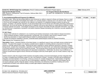 UNCLASSIFIED
PE 0602115E: BIOMEDICAL TECHNOLOGY UNCLASSIFIED
Defense Advanced Research Projects Agency Page 9 of 12 R-1 Line #9
Exhibit R-2, RDT&E Budget Item Justification: PB 2017 Defense Advanced Research Projects Agency Date: February 2016
Appropriation/Budget Activity
0400: Research, Development, Test & Evaluation, Defense-Wide / BA 2:
Applied Research
R-1 Program Element (Number/Name)
PE 0602115E / BIOMEDICAL TECHNOLOGY
C. Accomplishments/Planned Programs ($ in Millions) FY 2015 FY 2016 FY 2017
population scale. While new technology platforms have enhanced our ability to respond to illness and disease, there is a need
for predictive and pre-emptive technologies that enable us to correctly prepare a response prior to its obvious need. Research
in this thrust will investigate new methods for the collection and detection of multiplexed biological markers as well as the
analysis, correlation, and ultimate integration of vast personalized data into the clinical care information technology infrastructure.
Additionally, this thrust will develop new approaches to integrate multi-source data streams to create effective predictive models
of disease outbreak and spread. Technologies developed in this program will enable clinically actionable information, even when
an individual has no awareness of symptoms, and extend infectious disease forecasting into a real-time, accurate capability for
decision support.
FY 2017 Plans:
- Assess novel methods for multiplexed in vivo monitoring and wireless transmission of data related to disease biomarkers.
- Collect biological samples to assess asymptomatic, symptomatic, and co-infection rates among a research cohort.
- Identify key parameters of robust epidemiological models for predicting disease transmission.
- Evaluate the predictive capability of dynamic, ensemble-based epidemiological models for disease forecasting.
Title: Dialysis-Like Therapeutics (DLT)
Description: Sepsis, a bacterial infection of the blood stream, is a significant cause of injury and death among combat-injured
soldiers. The goal of this program is to develop a portable device capable of controlling relevant components in the blood
volume on clinically relevant time scales. Reaching this goal is expected to require significant advances in sensing in complex
biologic fluids, complex fluid manipulation, separation of components from these fluids, and mathematical descriptions capable
of providing predictive control over the closed loop process. The envisioned device would save the lives of thousands of military
patients each year by effectively treating sepsis and associated complications. Additionally, the device may be effective as a
medical countermeasure against various chemical and biological (chem-bio) threat agents, such as viruses, bacteria, fungi, and
toxins.
Applied research under this program further develops and applies existing component technologies and then integrates these
to create a complete blood purification system for use in the treatment of sepsis. Included in this effort will be development,
integration and demonstration of non-fouling, continuous sensors for complex biological fluids; implementation of high-flow
microfluidic structures that do not require the use of anticoagulation; application of intrinsic separation technologies that do
not require pathogen specific molecular labels or binding chemistries; and refinement of predictive modeling and control
(mathematical formalism) with sufficient fidelity to enable agile adaptive closed-loop therapy.
FY 2015 Accomplishments:
19.492 5.073 -  
Volume 1 - 63
 