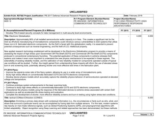 UNCLASSIFIED
PE 0602303E: INFORMATION & COMMUNICATIONS TECHNOLOGY UNCLASSIFIED
Defense Advanced Research Projects Agency Page 7 of 33 R-1 Line #13
Exhibit R-2A, RDT&E Project Justification: PB 2017 Defense Advanced Research Projects Agency Date: February 2016
Appropriation/Budget Activity
0400 / 2
R-1 Program Element (Number/Name)
PE 0602303E / INFORMATION &
COMMUNICATIONS TECHNOLOGY
Project (Number/Name)
IT-02 / HIGH PRODUCTIVITY, HIGH-
PERFORMANCE RESPONSIVE
ARCHITECTURES
B. Accomplishments/Planned Programs ($ in Millions) FY 2015 FY 2016 FY 2017
- Develop PALS based security concepts for data management in multi-security level environments.
Title: Electronic Globalization
Description: Approximately 66% of all installed semiconductor wafer capacity is in Asia. This creates a significant risk for the
DoD as off-shore manufacturing of microelectronic components could introduce various vulnerabilities to DoD systems that utilize
these non-U.S. fabricated electronic components. As the DoD is faced with this globalization reality, it is essential to prevent
potential consequences such as reverse engineering, and the theft of U.S. intellectual property.
New applied research technology enablement will be developed in the Electronics Globalization program to provide a means of
assessing the impact of high stress upon Government Off-The-Shelf (GOTS) and Commercial Off-The-Shelf (COTS) components
produced in conventional contemporary foundries. The potential application of these components in extreme stresses DoD
systems and makes it even more important to understand the new physics mechanisms to be expected in these regimes. The
extendibility of existing reliability models, and the calibration of new reliability models for components operated outside of typical
use conditions will be studied. Further, the insight gained from understanding these impacts will inform the use of elevated stress
burn-in and screening tools, potentially allowing shorter and more effective test times in the fabrication plant.
FY 2016 Plans:
- Improve the signal-to-noise ratio of the Navy system, allowing its use in a wider array of microelectronic parts.
- Study high stress effects on conventionally fabricated COTS and GOTS electronic components.
- Develop device physics models which accurately capture the reliability physics behavior of semiconductors operated at elevated
voltage and temperature.
FY 2017 Plans:
- Continue prototype system enhancements to the laser scanning tools.
- Continue to study high stress effects on conventionally-fabricated COTS and GOTS electronic components.
- Characterize the physics models using the response of the fabricated devices to extreme stress associated with certain DoD
applications as well as accelerated life stress testing and evaluation.
- Complete the development of shorter, more effective reliability screens and burn-in testing using higher stress test conditions.
-   4.000 4.000
Title: tactical CONtext EXtraction (CONEX)
Description: Enriching a primary data stream with contextual information (i.e., the circumstances or facts such as who, what, and
where that surround a particular event) can be accomplished by fusing data from multiple sensors. For this task, modern systems
rely heavily on man-made reference signals, such as Global Positioning Systems (GPS), and preprogrammed algorithms with
limited adaptability. Object recognition using Deep Learning and related approaches has been demonstrated, but these methods
-   -   6.000
Volume 1 - 73
 