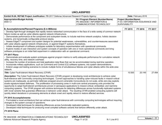 UNCLASSIFIED
PE 0602303E: INFORMATION & COMMUNICATIONS TECHNOLOGY UNCLASSIFIED
Defense Advanced Research Projects Agency Page 11 of 33 R-1 Line #13
Exhibit R-2A, RDT&E Project Justification: PB 2017 Defense Advanced Research Projects Agency Date: February 2016
Appropriation/Budget Activity
0400 / 2
R-1 Program Element (Number/Name)
PE 0602303E / INFORMATION &
COMMUNICATIONS TECHNOLOGY
Project (Number/Name)
IT-03 / INFORMATION ASSURANCE AND
SURVIVABILITY
B. Accomplishments/Planned Programs ($ in Millions) FY 2015 FY 2016 FY 2017
- Develop fight-through strategies that rapidly restore networked communication in the face of a wide variety of common network
failure modes as well as cyber attacks against network infrastructure.
- Demonstrate performance at the component and subsystem levels, to include real-time network analytics, holistic decision
systems, and dynamically configurable protocol stacks.
- Assess EdgeCT component and system designs for potential weaknesses, vulnerabilities, and countermeasures associated
with cyber attacks against network infrastructure, or against EdgeCT systems themselves.
- Initiate development of software prototypes suitable for laboratory experimentation with operational commands.
- Explore modes of user interaction and system concepts of operation with one or more operational commands and bring
software prototypes to an initial field experiment in collaboration with an operational command.
FY 2017 Plans:
- Demonstrate and evaluate system prototypes against program metrics to verify adequate performance for cumulative network
utility, recovery time, and network overhead.
- Increase the number of enclaves and total application data flows that can be accommodated during real-time operation.
- Incorporate military applications, such as Command and Control (C2) software systems, into system demonstrations.
- Extend usage and testing scenarios to include multiple forms of simultaneous failures and cyber attacks within the wide area
network.
Title: Cyber Fault-tolerant Attack Recovery (CFAR)
Description: The Cyber Fault-tolerant Attack Recovery (CFAR) program is developing novel architectures to achieve cyber
fault-tolerance with commodity computing technologies. Current approaches to handling cyber-induced faults in mission-critical
systems are inadequate, as perimeter defenses wrapped around vulnerable monocultures do not scale, while zero-day exploits
evade signature-based defenses. The proliferation of processing cores in multi-core central processing units provides the
opportunity to adapt fault-tolerant architectures proven in aerospace applications to mission-critical, embedded, and real-time
computing systems. The CFAR program will combine techniques for detecting differences across functionally replicated systems
with novel variants that guarantee differences in behavior under attack. The resulting CFAR-enabled computing systems will
quickly detect deviations in processing elements at attack onset and rapidly reboot to restore affected services.
FY 2015 Accomplishments:
- Formulated a novel architecture that can achieve cyber fault-tolerance with commodity computing technologies without requiring
changes to the system concept of operations.
- Developed initial techniques for detecting differences across functionally replicated systems.
- Developed initial techniques for producing novel compiled software variants that behave differently under attack.
FY 2016 Plans:
10.500 20.149 27.494
Volume 1 - 77
 