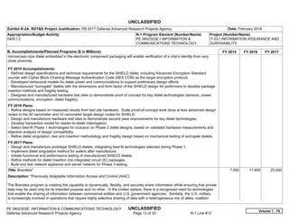 UNCLASSIFIED
PE 0602303E: INFORMATION & COMMUNICATIONS TECHNOLOGY UNCLASSIFIED
Defense Advanced Research Projects Agency Page 13 of 33 R-1 Line #13
Exhibit R-2A, RDT&E Project Justification: PB 2017 Defense Advanced Research Projects Agency Date: February 2016
Appropriation/Budget Activity
0400 / 2
R-1 Program Element (Number/Name)
PE 0602303E / INFORMATION &
COMMUNICATIONS TECHNOLOGY
Project (Number/Name)
IT-03 / INFORMATION ASSURANCE AND
SURVIVABILITY
B. Accomplishments/Planned Programs ($ in Millions) FY 2015 FY 2016 FY 2017
microscopic-size dielet embedded in the electronic component packaging will enable verification of a chip's identity from very
close proximity.
FY 2015 Accomplishments:
- Refined design specifications and technical requirements for the SHIELD dielet, including Advanced Encryption Standard
counter with Cipher Block Chaining Message Authentication Code (AES CCM) as the target encryption protocol.
- Developed behavioral models for dielet power and communications to support preliminary design efforts.
- Manufactured "surrogate" dielets with the dimensions and form factor of the SHIELD design for performers to develop package
insertion methods and fragility testing.
- Designed and manufactured hardware test sites to demonstrate proof of concept for key dielet technologies (sensors, power,
communications, encryption, dielet fragility).
FY 2016 Plans:
- Refine designs based on measured results from test site hardware. Scale proof-of-concept work done at less advanced design
nodes to the 40 nanometer and 14 nanometer target design nodes for SHIELD.
- Design and manufacture hardware test sites to demonstrate second pass improvements for key dielet technologies.
- Develop transaction model for reader-to-dielet interrogation.
- Select best-fit Phase 1 technologies for inclusion on Phase 2 dielet designs, based on validated hardware measurements and
objective analysis of design compatibility.
- Refine dielet singulation, test and insertion methodology and fragility design based on mechanical testing of surrogate dielets.
FY 2017 Plans:
- Design and manufacture prototype SHIELD dielets, integrating best-fit technologies selected during Phase 1.
- Implement dielet singulation method for wafers after manufacture.
- Initiate functional and performance testing of manufactured SHIELD dielets.
- Refine methods for dielet insertion into integrated circuit (IC) packages.
- Build and test network appliance and server network for Phase 3 testing.
Title: Brandeis*
Description: *Previously Adaptable Information Access and Control (AIAC)
The Brandeis program is creating the capability to dynamically, flexibly, and securely share information while ensuring that private
data may be used only for its intended purpose and no other. In the civilian sphere, there is a recognized need for technologies
that enable the sharing of information between commercial entities and U.S. government agencies. Similarly, the U.S. military
is increasingly involved in operations that require highly selective sharing of data with a heterogeneous mix of allies, coalition
7.593 17.600 25.000
Volume 1 - 79
 