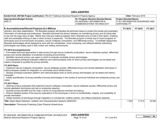 UNCLASSIFIED
PE 0602303E: INFORMATION & COMMUNICATIONS TECHNOLOGY UNCLASSIFIED
Defense Advanced Research Projects Agency Page 14 of 33 R-1 Line #13
Exhibit R-2A, RDT&E Project Justification: PB 2017 Defense Advanced Research Projects Agency Date: February 2016
Appropriation/Budget Activity
0400 / 2
R-1 Program Element (Number/Name)
PE 0602303E / INFORMATION &
COMMUNICATIONS TECHNOLOGY
Project (Number/Name)
IT-03 / INFORMATION ASSURANCE AND
SURVIVABILITY
B. Accomplishments/Planned Programs ($ in Millions) FY 2015 FY 2016 FY 2017
partners, and other stakeholders. The Brandeis program will develop the technical means to protect the private and proprietary
information of individuals and enterprises. Brandeis will break the tension between (a) maintaining privacy and (b) being able
to tap into the huge value of data. Rather than having to balance between them, Brandeis aims to build a third option: enabling
safe and predictable sharing of data in which privacy is preserved. The Brandeis program is timely due to recent progress on
techniques such as homomorphic encryption, secure multiparty computation, and differential privacy. To facilitate deployment,
Brandeis technologies will be designed to work with the virtualization, cloud computing, and software-defined networking
technologies now widely used in both civilian and military environments.
FY 2015 Accomplishments:
- Formulated technical approaches to data privacy through secure multiparty computation, secure database queries, differential
privacy and remote attestation of protected computing environments.
- Identified canonical privacy use cases on which to evaluate candidate privacy technologies.
- Conceptualized prototype evaluation platforms and metrics/analysis tools on which privacy technologies can be tested and
metrics computed to quantify the privacy benefits.
FY 2016 Plans:
- Implement secure multiparty computation, secure database queries, differential privacy and remote attestation techniques in
initial prototypes suitable for integration on commodity cloud infrastructures.
- Develop prototype evaluation platform and metrics/analysis tools on which privacy technologies can be tested and metrics
computed.
- Initiate quantification of privacy benefits of privacy technologies in the context of canonical individual and enterprise privacy use
cases.
FY 2017 Plans:
- Optimize privacy prototypes that implement secure multiparty computation, secure database queries, differential privacy and
remote attestation techniques and test on enterprise networks.
- Quantify privacy benefits and the costs in terms of computational overhead and latency.
- Perform detailed studies of the security implications of the techniques in terms of confidentiality, integrity, and availability of
private information.
- Initiate transition of techniques through integration on commercial, coalition partner, and military enterprise networks.
Title: Rapid Attack Detection, Isolation and Characterization Systems (RADICS)*
Description: *Previously Protecting Cyber Physical Infrastructure
7.525 17.513 24.500
Volume 1 - 80
 