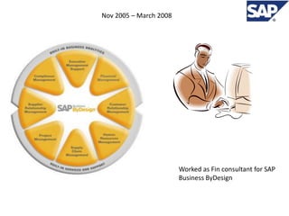 Nov 2005 – March 2008




                        Worked as Fin consultant for SAP
                        Business ByDesign
 