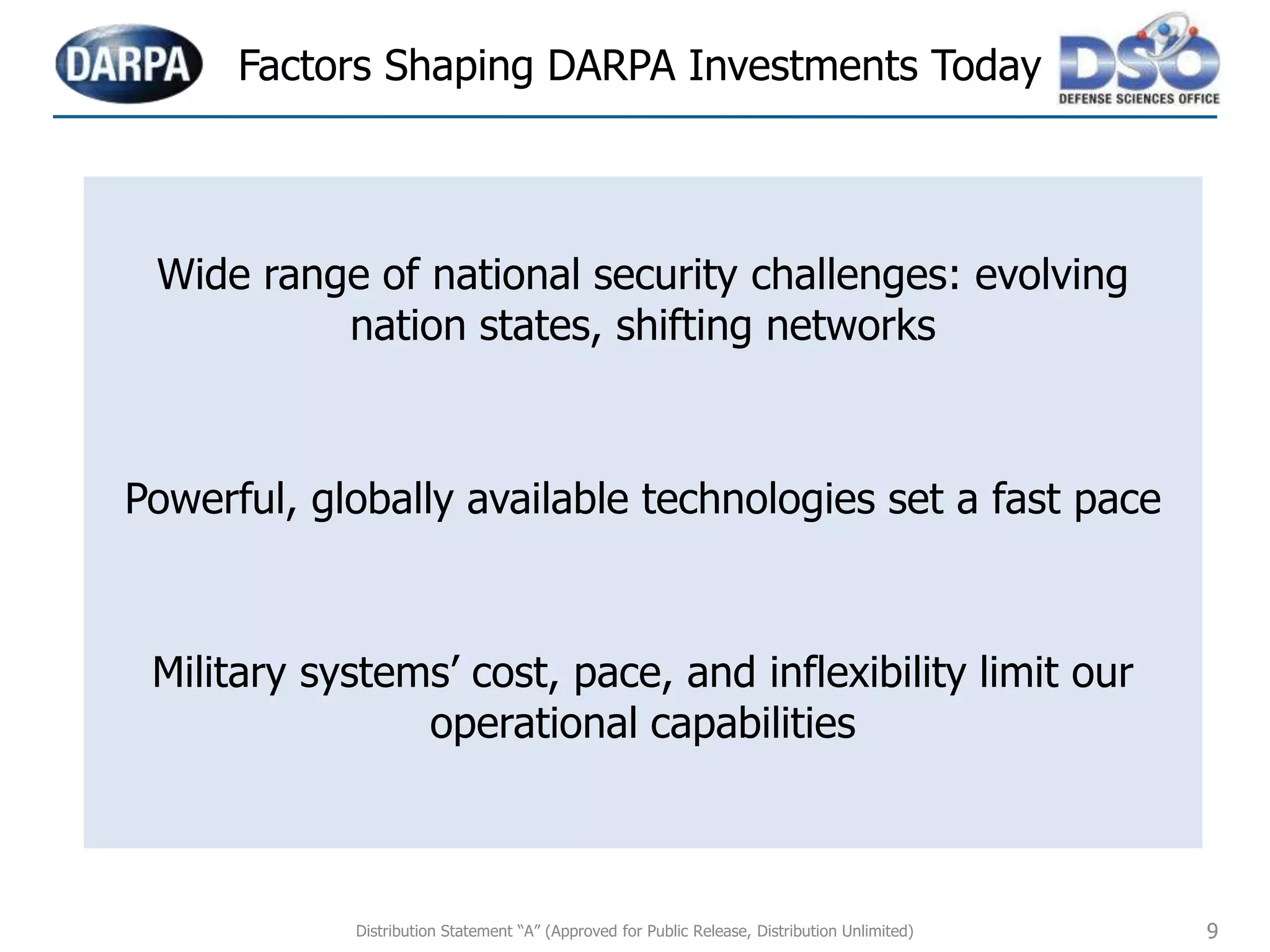 Factors Shaping DARPA Investments Today
Wide range of national security challenges: evolving
nation states, shifting networks
Powerful, globally available technologies set a fast pace
Military systems’ cost, pace, and inflexibility limit our
operational capabilities
Distribution Statement “A” (Approved for Public Release, Distribution Unlimited) 9
 
