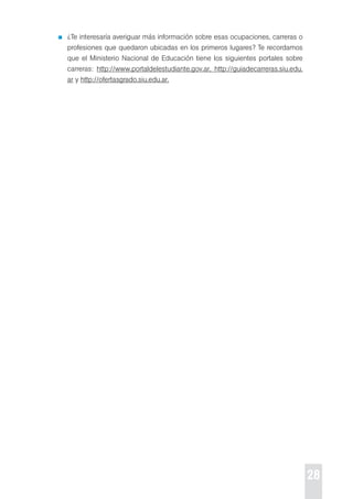 28 
¿te interesaría averiguar más información sobre esas ocupaciones, carreras o 
profesiones que quedaron ubicadas en los primeros lugares? te recordamos 
que el Ministerio Nacional de educación tiene los siguientes portales sobre 
carreras: http://www.portaldelestudiante.gov.ar, http://guiadecarreras.siu.edu. 
ar y http://ofertasgrado.siu.edu.ar. 
 