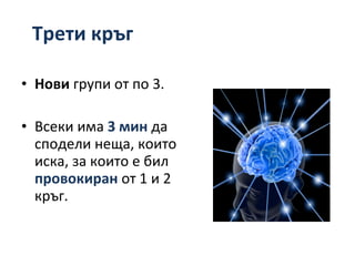Трети кръг Нови  групи от по 3. Всеки има  3 мин  да сподели неща, които иска, за които е бил  провокиран  от 1 и 2 кръг. 
