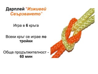Дарплей  “ Изживей Свързването ” Игра в  6  кръга Всеки кръг се играе  по тройки Обща продължителност -  60 мин 