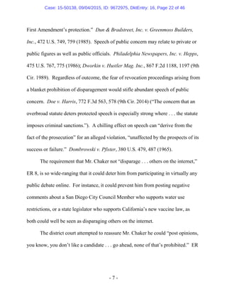 - 7 -
First Amendment’s protection.” Dun & Bradstreet, Inc. v. Greenmoss Builders,
Inc., 472 U.S. 749, 759 (1985). Speech of public concern may relate to private or
public figures as well as public officials. Philadelphia Newspapers, Inc. v. Hepps,
475 U.S. 767, 775 (1986); Dworkin v. Hustler Mag. Inc., 867 F.2d 1188, 1197 (9th
Cir. 1989). Regardless of outcome, the fear of revocation proceedings arising from
a blanket prohibition of disparagement would stifle abundant speech of public
concern. Doe v. Harris, 772 F.3d 563, 578 (9th Cir. 2014) (“The concern that an
overbroad statute deters protected speech is especially strong where . . . the statute
imposes criminal sanctions.”). A chilling effect on speech can “derive from the
fact of the prosecution” for an alleged violation, “unaffected by the prospects of its
success or failure.” Dombrowski v. Pfister, 380 U.S. 479, 487 (1965).
The requirement that Mr. Chaker not “disparage . . . others on the internet,”
ER 8, is so wide-ranging that it could deter him from participating in virtually any
public debate online. For instance, it could prevent him from posting negative
comments about a San Diego City Council Member who supports water use
restrictions, or a state legislator who supports California’s new vaccine law, as
both could well be seen as disparaging others on the internet.
The district court attempted to reassure Mr. Chaker he could “post opinions,
you know, you don’t like a candidate . . . go ahead, none of that’s prohibited.” ER
Case: 15-50138, 09/04/2015, ID: 9672975, DktEntry: 16, Page 22 of 46
 