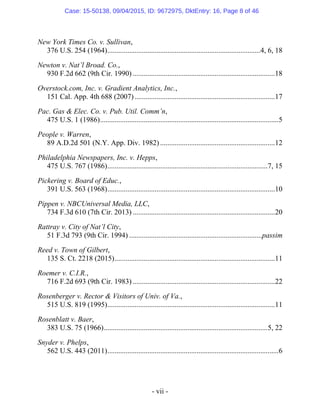 - vii -
New York Times Co. v. Sullivan,
376 U.S. 254 (1964)....................................................................................4, 6, 18
Newton v. Nat’l Broad. Co.,
930 F.2d 662 (9th Cir. 1990) ..............................................................................18
Overstock.com, Inc. v. Gradient Analytics, Inc.,
151 Cal. App. 4th 688 (2007).............................................................................17
Pac. Gas & Elec. Co. v. Pub. Util. Comm’n,
475 U.S. 1 (1986)..................................................................................................5
People v. Warren,
89 A.D.2d 501 (N.Y. App. Div. 1982) ...............................................................12
Philadelphia Newspapers, Inc. v. Hepps,
475 U.S. 767 (1986)........................................................................................7, 15
Pickering v. Board of Educ.,
391 U.S. 563 (1968)............................................................................................10
Pippen v. NBCUniversal Media, LLC,
734 F.3d 610 (7th Cir. 2013) ..............................................................................20
Rattray v. City of Nat’l City,
51 F.3d 793 (9th Cir. 1994) .........................................................................passim
Reed v. Town of Gilbert,
135 S. Ct. 2218 (2015)........................................................................................11
Roemer v. C.I.R.,
716 F.2d 693 (9th Cir. 1983) ..............................................................................22
Rosenberger v. Rector & Visitors of Univ. of Va.,
515 U.S. 819 (1995)............................................................................................11
Rosenblatt v. Baer,
383 U.S. 75 (1966)..........................................................................................5, 22
Snyder v. Phelps,
562 U.S. 443 (2011)..............................................................................................6
Case: 15-50138, 09/04/2015, ID: 9672975, DktEntry: 16, Page 8 of 46
 