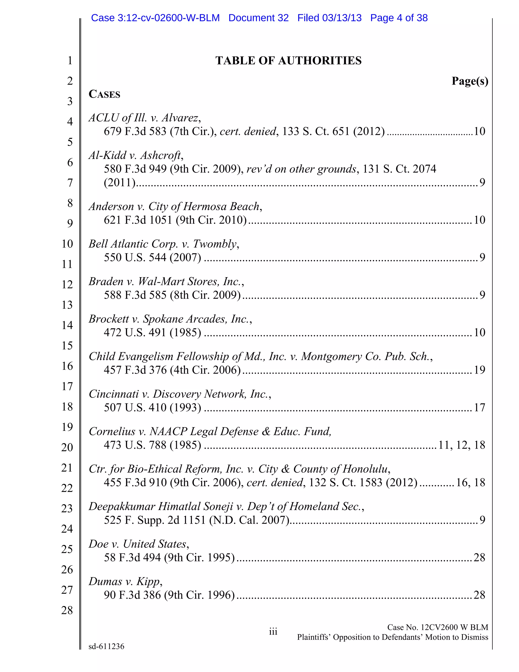 1
2
3
4
5
6
7
8
9
10
11
12
13
14
15
16
17
18
19
20
21
22
23
24
25
26
27
28
iii Case No. 12CV2600 W BLM
Plaintiffs’ Opposition to Defendants’ Motion to Dismiss
sd-611236
TABLE OF AUTHORITIES
Page(s)
CASES
ACLU of Ill. v. Alvarez,
679 F.3d 583 (7th Cir.), cert. denied, 133 S. Ct. 651 (2012) ..................................10
Al-Kidd v. Ashcroft,
580 F.3d 949 (9th Cir. 2009), rev’d on other grounds, 131 S. Ct. 2074
(2011)....................................................................................................................9
Anderson v. City of Hermosa Beach,
621 F.3d 1051 (9th Cir. 2010)............................................................................10
Bell Atlantic Corp. v. Twombly,
550 U.S. 544 (2007) .............................................................................................9
Braden v. Wal-Mart Stores, Inc.,
588 F.3d 585 (8th Cir. 2009)................................................................................9
Brockett v. Spokane Arcades, Inc.,
472 U.S. 491 (1985) ...........................................................................................10
Child Evangelism Fellowship of Md., Inc. v. Montgomery Co. Pub. Sch.,
457 F.3d 376 (4th Cir. 2006)..............................................................................19
Cincinnati v. Discovery Network, Inc.,
507 U.S. 410 (1993) ...........................................................................................17
Cornelius v. NAACP Legal Defense & Educ. Fund,
473 U.S. 788 (1985) ...............................................................................11, 12, 18
Ctr. for Bio-Ethical Reform, Inc. v. City & County of Honolulu,
455 F.3d 910 (9th Cir. 2006), cert. denied, 132 S. Ct. 1583 (2012)............16, 18
Deepakkumar Himatlal Soneji v. Dep’t of Homeland Sec.,
525 F. Supp. 2d 1151 (N.D. Cal. 2007)................................................................9
Doe v. United States,
58 F.3d 494 (9th Cir. 1995)................................................................................28
Dumas v. Kipp,
90 F.3d 386 (9th Cir. 1996)................................................................................28
Case 3:12-cv-02600-W-BLM Document 32 Filed 03/13/13 Page 4 of 38
 