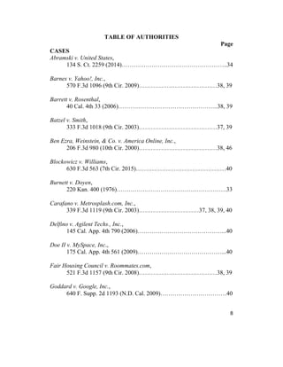 8
TABLE OF AUTHORITIES
Page
CASES
Abramski v. United States,
134 S. Ct. 2259 (2014)……………………………………………..34
Barnes v. Yahoo!, Inc.,
570 F.3d 1096 (9th Cir. 2009)…………………………………38, 39
Barrett v. Rosenthal,
40 Cal. 4th 33 (2006)…………………………………………..38, 39
Batzel v. Smith,
333 F.3d 1018 (9th Cir. 2003)…………………………………37, 39
Ben Ezra, Weinstein, & Co. v. America Online, Inc.,
206 F.3d 980 (10th Cir. 2000)…………………………………38, 46
Blockowicz v. Williams,
630 F.3d 563 (7th Cir. 2015)………………………………………40
Burnett v. Doyen,
220 Kan. 400 (1976)……………………………………………….33
Carafano v. Metrosplash.com, Inc.,
339 F.3d 1119 (9th Cir. 2003)…………………………37, 38, 39, 40
Delfino v. Agilent Techs., Inc.,
145 Cal. App. 4th 790 (2006)……………………………………...40
Doe II v. MySpace, Inc.,
175 Cal. App. 4th 561 (2009)……………………………………...40
Fair Housing Council v. Roommates.com,
521 F.3d 1157 (9th Cir. 2008)…………………………………38, 39
Goddard v. Google, Inc.,
640 F. Supp. 2d 1193 (N.D. Cal. 2009)……………………………40
 
