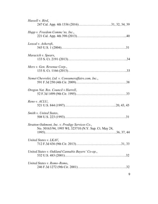 9
Hassell v. Bird,
247 Cal. App. 4th 1336 (2016)………………………...31, 32, 34, 39
Hupp v. Freedom Commc’ns, Inc.,
221 Cal. App. 4th 398 (2013)……………………………………...40
Leocal v. Ashcroft,
543 U.S. 1 (2004)………………………………………………….31
Maracich v. Spears,
133 S. Ct. 2191 (2013)……………………………………………..34
Merx v. Gen. Revenue Corp.,
133 S. Ct. 1166 (2013)……………………………………………..33
Nemet Chevrolet, Ltd. v. Consumeraffairs.com, Inc.,
591 F.3d 250 (4th Cir. 2009)………………………………………38
Oregon Nat. Res. Council v Harrell,
52 F.3d 1499 (9th Cir. 1995)………………………………………33
Reno v. ACLU,
521 U.S. 844 (1997)…………………………………….....20, 43, 45
Smith v. United States,
508 U.S. 223 (1993)……………………………………………….31
Stratton Oakmont, Inc. v. Prodigy Services Co.,
No. 30163/94, 1995 WL 323710 (N.Y. Sup. Ct. May 24,
1995)……………………………………………………….36, 37, 44
United States v. LKAV,
712 F.3d 436 (9th Cir. 2013)…………………………………..31, 33
United States v. Oakland Cannabis Buyers’ Co-op.,
532 U.S. 483 (2001)……………………………………………….32
United States v. Romo–Romo,
246 F.3d 1272 (9th Cir. 2001)……………………………………..32
 