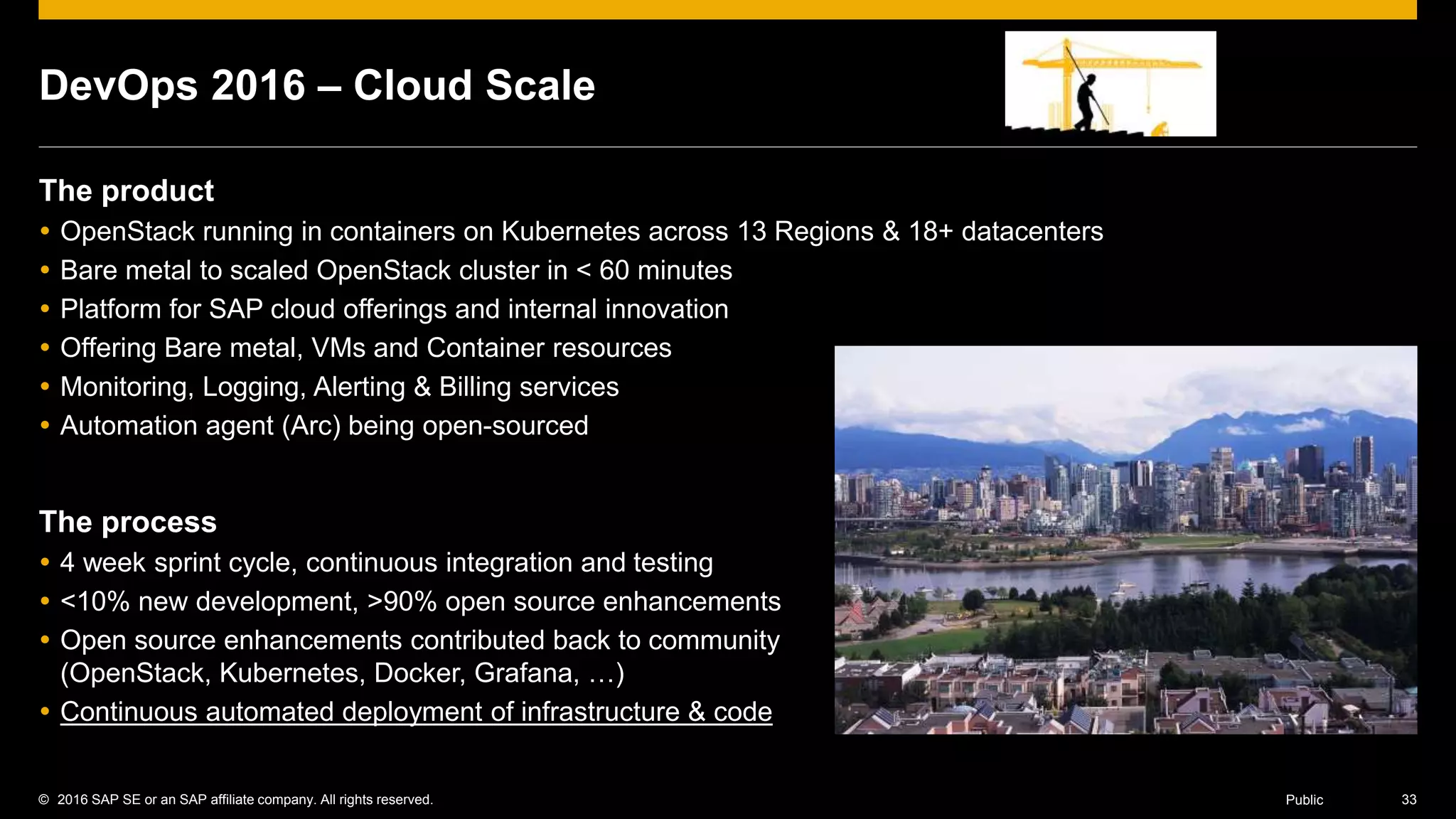 © 2016 SAP SE or an SAP affiliate company. All rights reserved. 33Public
DevOps 2016 – Cloud Scale
The product
 OpenStack running in containers on Kubernetes across 13 Regions & 18+ datacenters
 Bare metal to scaled OpenStack cluster in < 60 minutes
 Platform for SAP cloud offerings and internal innovation
 Offering Bare metal, VMs and Container resources
 Monitoring, Logging, Alerting & Billing services
 Automation agent (Arc) being open-sourced
The process
 4 week sprint cycle, continuous integration and testing
 <10% new development, >90% open source enhancements
 Open source enhancements contributed back to community
(OpenStack, Kubernetes, Docker, Grafana, …)
 Continuous automated deployment of infrastructure & code
 