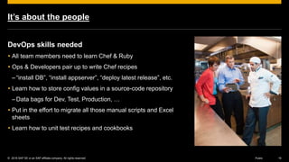 © 2016 SAP SE or an SAP affiliate company. All rights reserved. 19Public
It’s about the people
DevOps skills needed
 All team members need to learn Chef & Ruby
 Ops & Developers pair up to write Chef recipes
–“install DB”, “install appserver”, “deploy latest release”, etc.
 Learn how to store config values in a source-code repository
– Data bags for Dev, Test, Production, …
 Put in the effort to migrate all those manual scripts and Excel
sheets
 Learn how to unit test recipes and cookbooks
 