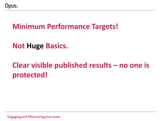 Minimum Performance Targets!
Not Huge Basics.
Clear visible published results – no one is
protected!

Engaging and Motivating your team

 