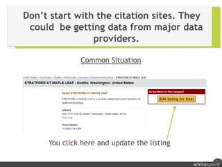 Don’t start with the citation sites. They
could be getting data from major data
providers.
Common Situation
But the site g...