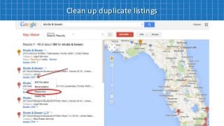 Go to http://www.neustarlocaleze.biz to find and
remove incorrect listings.
Clean up duplicates on the major data aggregat...