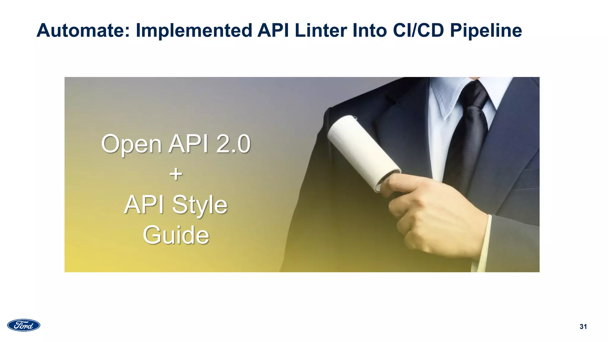 31
Automate: Implemented API Linter Into CI/CD Pipeline
Open API 2.0
+
API Style
Guide
 
