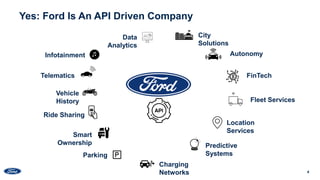 4
Yes: Ford Is An API Driven Company
City
Solutions
Infotainment
Telematics
Location
Services
FinTech
Autonomy
Predictive
...