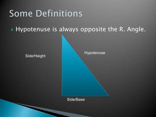 Hypotenuse is always opposite the R. Angle.<br />Some Definitions<br />Hypotenuse<br />Side/Height<br />Side/Base<br />