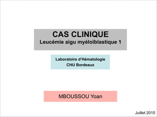 CAS CLINIQUE
Leucémie aigu myéloïblastique 1
Laboratoire d’Hématologie
CHU Bordeaux

MBOUSSOU Yoan
Juillet 2010

 