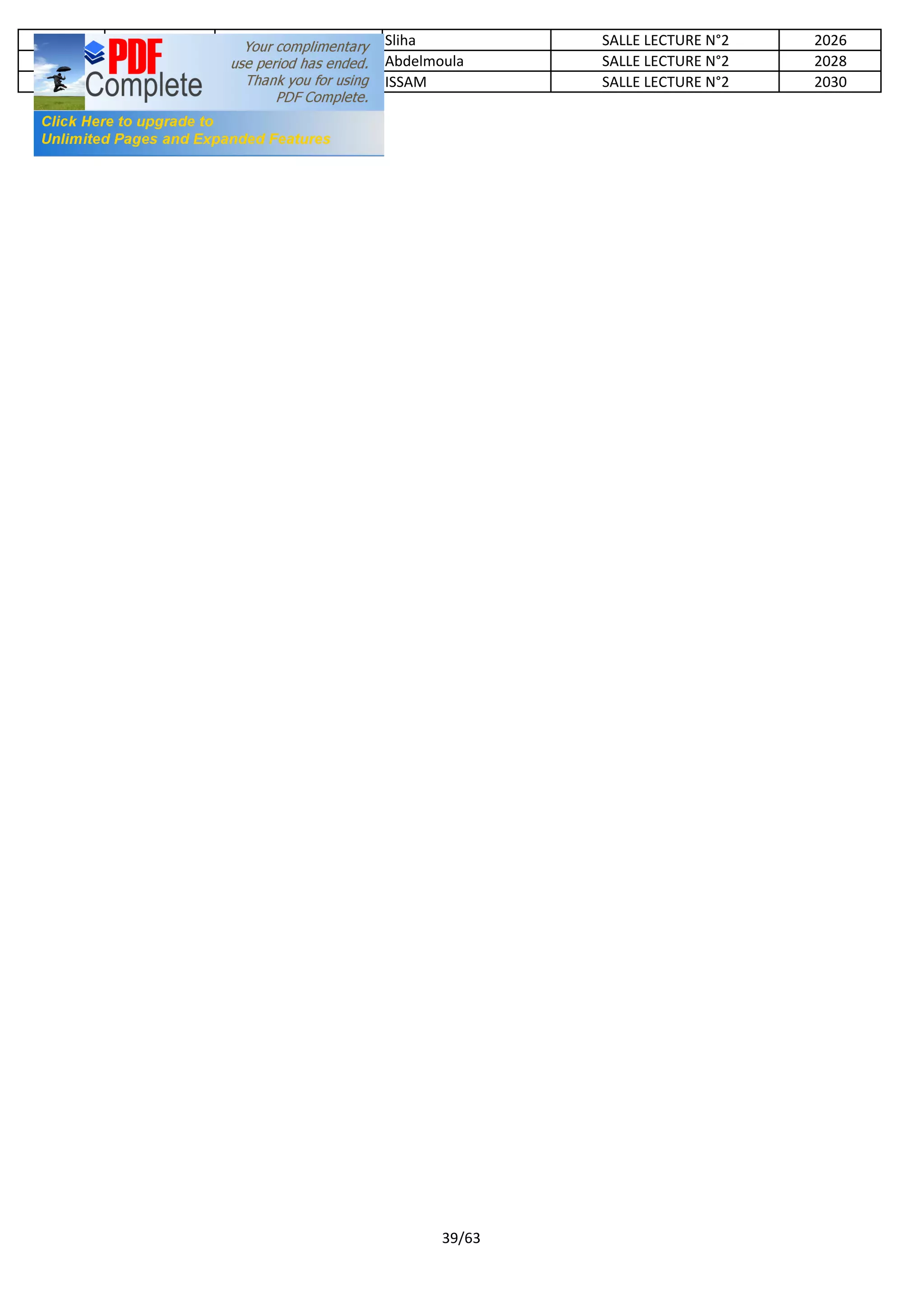 1105892 1128050234 LAMAIDEL Sliha SALLE LECTURE N°2 2026
1109580 1128105658 LAMAMRI Abdelmoula SALLE LECTURE N°2 2028
1004929 1025088702 LAMBARDI ISSAM SALLE LECTURE N°2 2030
39/63
 