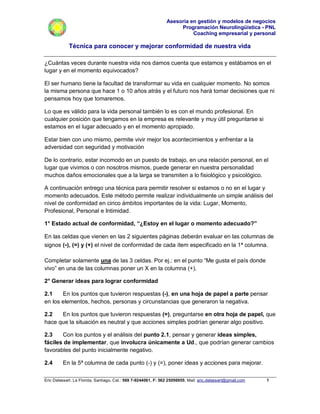 Asesoría en gestión y modelos de negocios
Programación Neurolingüística - PNL
Coaching empresarial y personal
Técnica para conocer y mejorar conformidad de nuestra vida
Eric Delessert. La Florida, Santiago, Cel.: 569 7-9244061, F: 562 25056955; Mail: eric.delessert@gmail.com 1
¿Cuántas veces durante nuestra vida nos damos cuenta que estamos y estábamos en el
lugar y en el momento equivocados?
El ser humano tiene la facultad de transformar su vida en cualquier momento. No somos
la misma persona que hace 1 o 10 años atrás y el futuro nos hará tomar decisiones que ni
pensamos hoy que tomaremos.
Lo que es válido para la vida personal también lo es con el mundo profesional. En
cualquier posición que tengamos en la empresa es relevante y muy útil preguntarse si
estamos en el lugar adecuado y en el momento apropiado.
Estar bien con uno mismo, permite vivir mejor los acontecimientos y enfrentar a la
adversidad con seguridad y motivación
De lo contrario, estar incomodo en un puesto de trabajo, en una relación personal, en el
lugar que vivimos o con nosotros mismos, puede generar en nuestra personalidad
muchos daños emocionales que a la larga se transmiten a lo fisiológico y psicológico.
A continuación entrego una técnica para permitir resolver si estamos o no en el lugar y
momento adecuados. Este método permite realizar individualmente un simple análisis del
nivel de conformidad en cinco ámbitos importantes de la vida: Lugar, Momento,
Profesional, Personal e Intimidad.
1° Estado actual de conformidad, “¿Estoy en el lugar o momento adecuado?”
En las celdas que vienen en las 2 siguientes páginas deberán evaluar en las columnas de
signos (-), (=) y (+) el nivel de conformidad de cada ítem especificado en la 1ª columna.
Completar solamente una de las 3 celdas. Por ej.: en el punto “Me gusta el país donde
vivo” en una de las columnas poner un X en la columna (+).
2° Generar ideas para lograr conformidad
2.1 En los puntos que tuvieron respuestas (-), en una hoja de papel a parte pensar
en los elementos, hechos, personas y circunstancias que generaron la negativa.
2.2 En los puntos que tuvieron respuestas (=), preguntarse en otra hoja de papel, que
hace que la situación es neutral y que acciones simples podrían generar algo positivo.
2.3 Con los puntos y el análisis del punto 2.1, pensar y generar ideas simples,
fáciles de implementar, que involucra únicamente a Ud., que podrían generar cambios
favorables del punto inicialmente negativo.
2.4 En la 5ª columna de cada punto (-) y (=), poner ideas y acciones para mejorar.
 