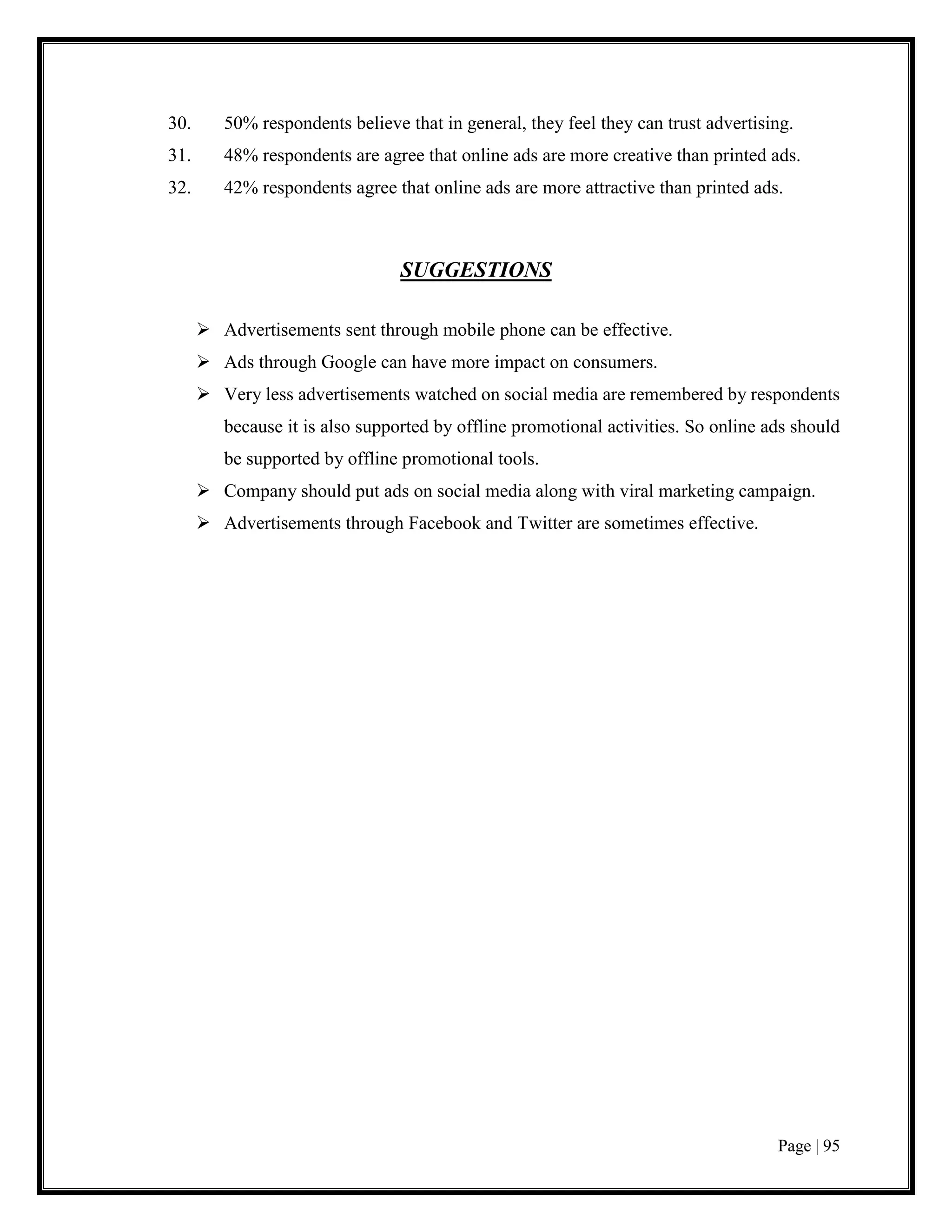 Page | 95
30. 50% respondents believe that in general, they feel they can trust advertising.
31. 48% respondents are agree that online ads are more creative than printed ads.
32. 42% respondents agree that online ads are more attractive than printed ads.
SUGGESTIONS
 Advertisements sent through mobile phone can be effective.
 Ads through Google can have more impact on consumers.
 Very less advertisements watched on social media are remembered by respondents
because it is also supported by offline promotional activities. So online ads should
be supported by offline promotional tools.
 Company should put ads on social media along with viral marketing campaign.
 Advertisements through Facebook and Twitter are sometimes effective.
 