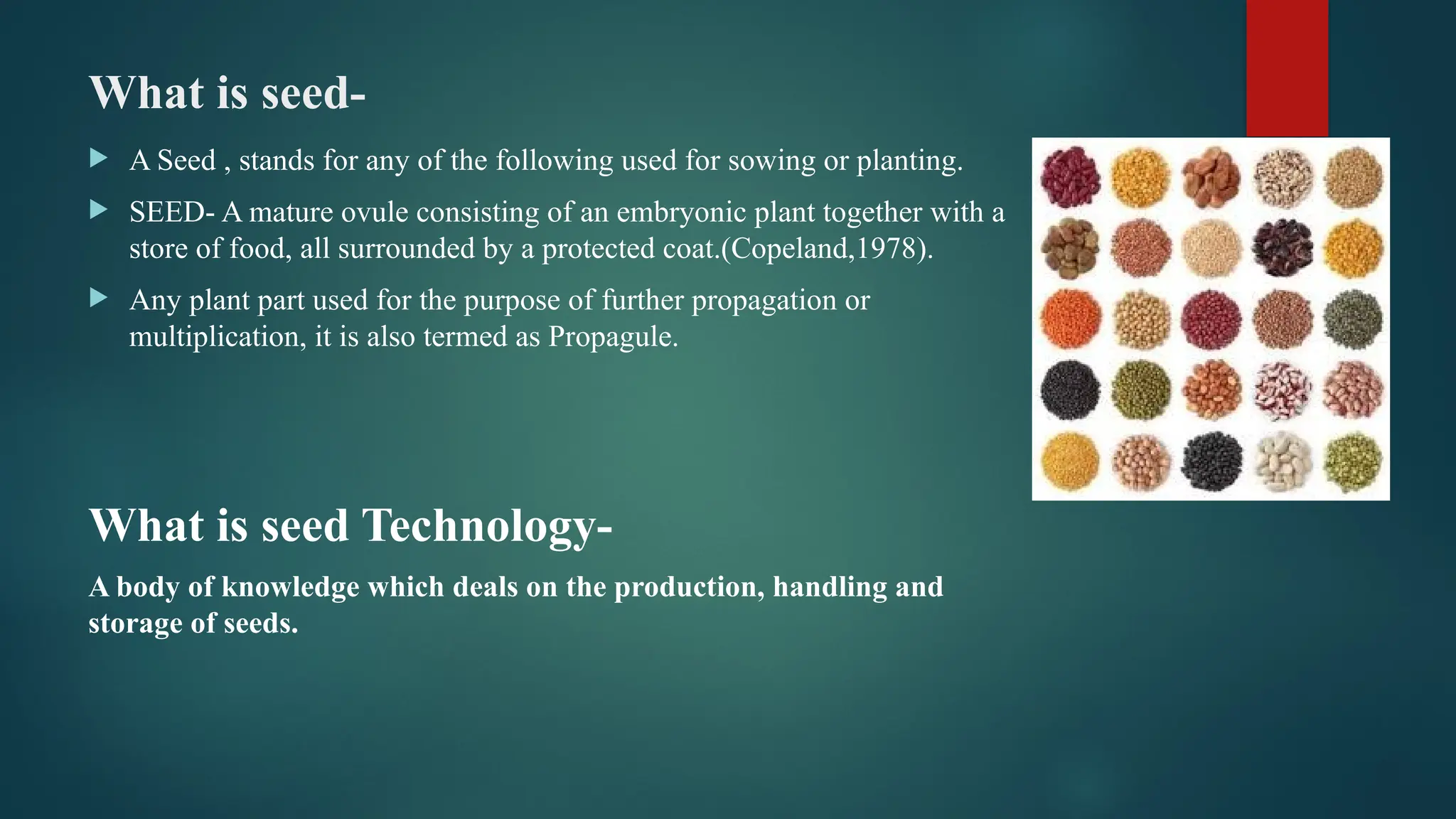What is seed-
 A Seed , stands for any of the following used for sowing or planting.
 SEED- A mature ovule consisting of an embryonic plant together with a
store of food, all surrounded by a protected coat.(Copeland,1978).
 Any plant part used for the purpose of further propagation or
multiplication, it is also termed as Propagule.
What is seed Technology-
A body of knowledge which deals on the production, handling and
storage of seeds.
 
