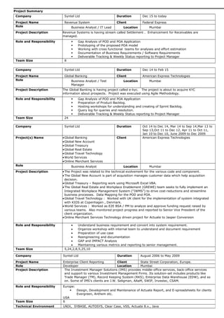 Project Summary
Company Syntel Ltd Duration Dec 15 to today
Project Name Revenue System Client Federal Express
Role Business Analyst / IT Lead Location Mumbai
Project Description Revenue Systems is having stream called Settlement . Enhancement for Receivables are
managed.
Role and Responsibility  Gap Analysis of POD and POA Application
 Prototyping of the proposed POA model
 Working with cross functional teams for analyses and effort estimation
 Documentation of Business Requirements / Software Requirements
 Deliverable Tracking & Weekly Status reporting to Project Manager
Team Size 8
Company Syntel Ltd Duration Dec 14 to Feb 15
Project Name Global Banking Client American Express Technologies
Role Business Analyst / Test
Manager
Location Mumbai
Project Description The Global Banking is having project called e-kyc. The project is about to acquire KYC
information about prospects. Project was executed using Agile Methodology.
Role and Responsibility  Gap Analysis of POD and POA Application
 Preparation of Product Backlog.
 Hosting workshops for understanding and creating of Sprint Backlog.
 Query log for queries and resolution.
 Deliverable Tracking & Weekly Status reporting to Project Manager
Team Size 24
Company Syntel Ltd Duration Oct 14 to Dec 14, Mar 14 to Sep 14,Mar 13 to
Sep 13,Oct 11 to Dec 12, Apr 11 to Oct 11,
Jan 10 to Dec 10, June 2009 to Dec 2009
Project(s) Name •Global Banking
•Global New Account
•Global Treasury
•Global Real Estate
•Global Travel Technology
•World Services
•Online Merchant Services
Client American Express Technologies
Role Business Analyst Location Mumbai
Project Description •The Project was related to the technical evolvement for the various code and component.
•The Global New Account is part of acquisition manages customer data which help acquisition
decision.
•Global Treasury – Reporting work using Microsoft Excel VBA.
•The Global Real Estate and Workplace Enablement (GREWE) team seeks to fully implement an
Integrated Workplace Management System (“IWMS”) to drive cost-reductions and streamline
business processes. Data Mapping for the POD and POA.
•Global Travel Technology : Worked with UK client for the implementation of system integrated
with KIOS at Copenhagen , Denmark.
•World Services : Worked as E2E BSA / PM to analyze and approve funding request raised by
various teams. Also monitored project progress and reported to Senior Vice President of the
client organization.
•Online Merchant Services Technology driven project for Actuate to Jasper Conversion
Role and Responsibility • Understand business requirement and convert into system requirement.
• Organize workshop with internal team to understand and document requirement
• Preparation of use case
• Reengineering and documentation
• GAP and IMPACT Analysis
• Maintaining various metrics and reporting to senior management.
Team Size 5,24,2,8,5,25,10
Company Syntel Ltd Duration August 2006 to May 2009
Project Name Enterprise Client Reporting Client State Street Corporation, Europe.
Role Developer Location Mumbai
Project Description The Investment Manager Solutions (IMS) provides middle-office services, back-office services
and support to various Investment Management Firms. Its solution-set includes products like
Trade Manager (TM), Record Keeping System (RKS), Enterprise Data Warehouse (EDW), and so
on. Some of IMS’s clients are J.W. Seligman, AAaM, SWIP, Investec, CSAM.
Role and Responsibility Europe:
 Design, Development and Maintenance of Actuate Report, and E-spreadsheets for clients
Evergreen, Anthem etc.
USA
Team Size 6
Technical Environment UNIX, SYBASE, AUTOSYS, Clear Case, VSS, Actuate 8.x., Java
 