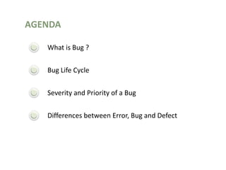 What is Bug ?
AGENDA
Bug Life Cycle
Differences between Error, Bug and Defect
Severity and Priority of a Bug
 