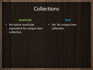 Collections
          JavaScript                         Dart
• No native JavaScript         • Set for unique item
  equivalent for unique item     collection.
  collection.
 