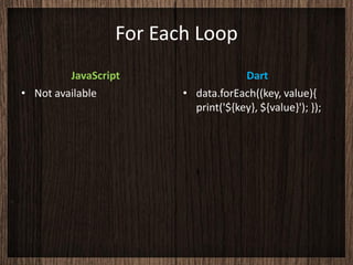 For Each Loop
         JavaScript                   Dart
• Not available          • data.forEach((key, value){
                           print('${key}, ${value}'); });
 