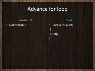 Advance for loop
         JavaScript                  Dart
• Not available        • For( var x in list)
                        {
                        print(x);
                       }
 