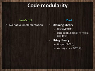 Code modularity

         JavaScript                       Dart
• No native implementation   • Defining library
                                – #library(‘BCB');
                                – class BCB11 { hello() => ‘Hello
                                  BCB 11'; }
                             • Using library
                                – #import(‘BCB ');
                                – var msg = new BCB11();
 