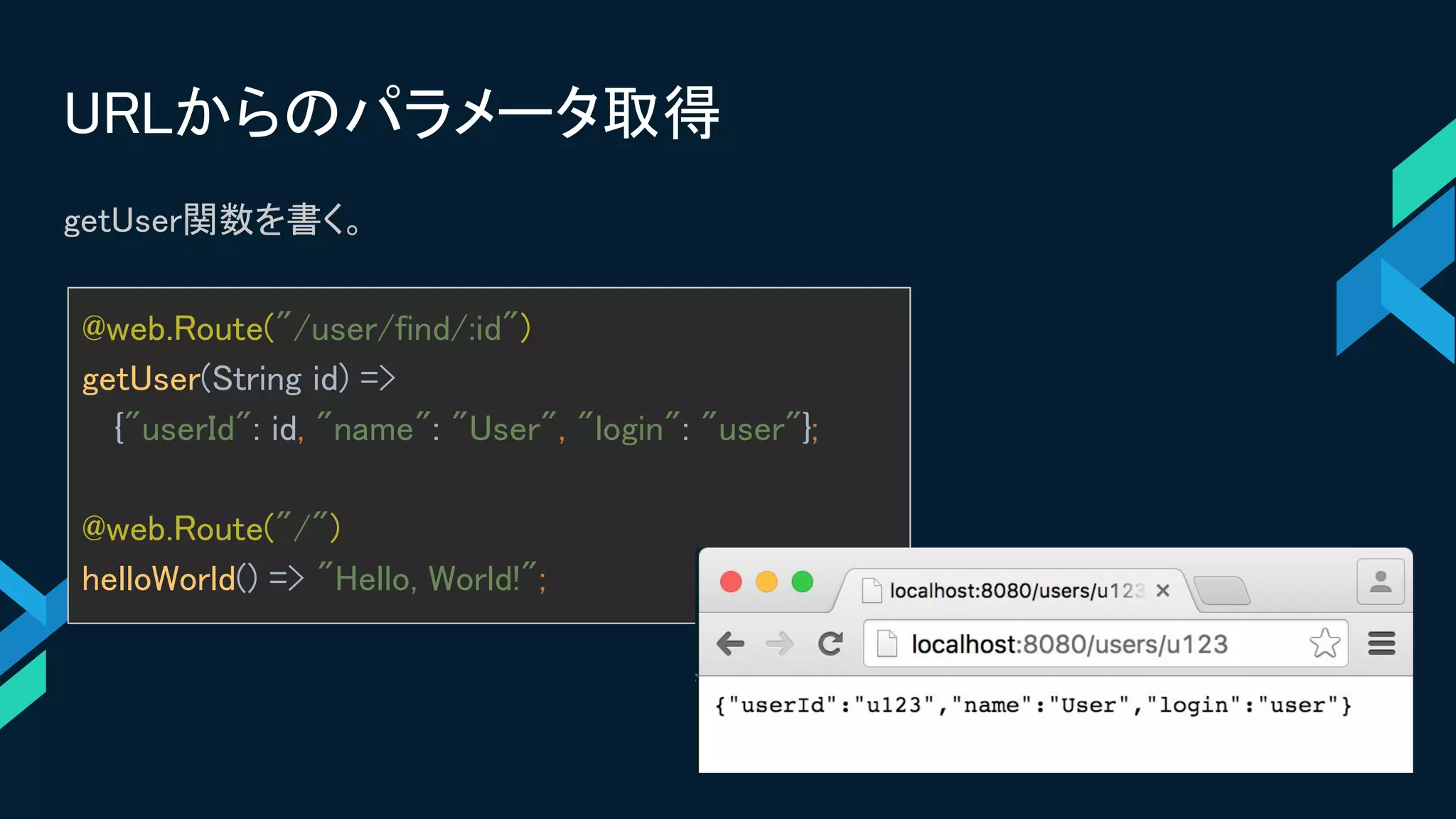 URLからのパラメータ取得
getUser関数を書く。
@web.Route("/user/find/:id")
getUser(String id) =>
{"userId": id, "name": "User", "login": "user"};
@web.Route("/")
helloWorld() => "Hello, World!";
 